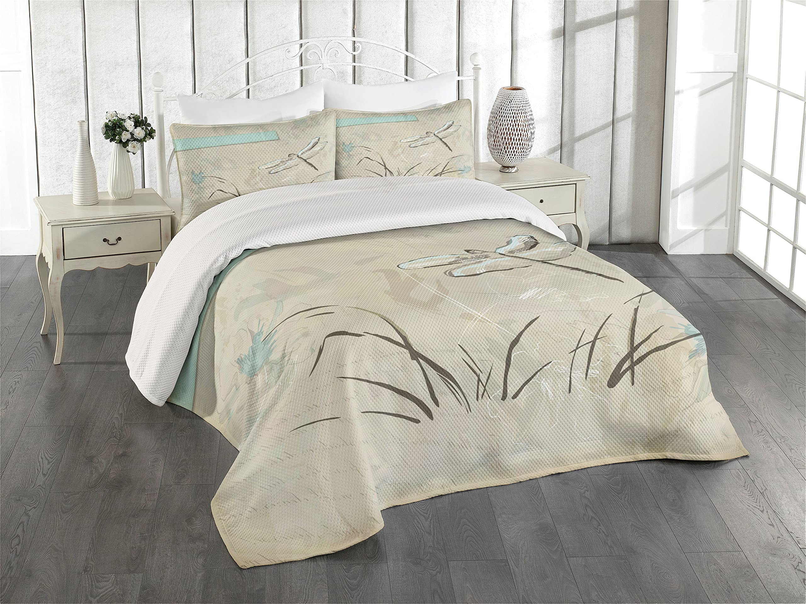 Ambesonne Dragonfly Coverlet, Romantic Vintage Sketch in Pastel Grass Birthday Grunge Grass Botany Artwork, 3 Piece Decorative Quilted Bedspread Set with 2 Pillow Shams, King Size, Seafoam and Tan