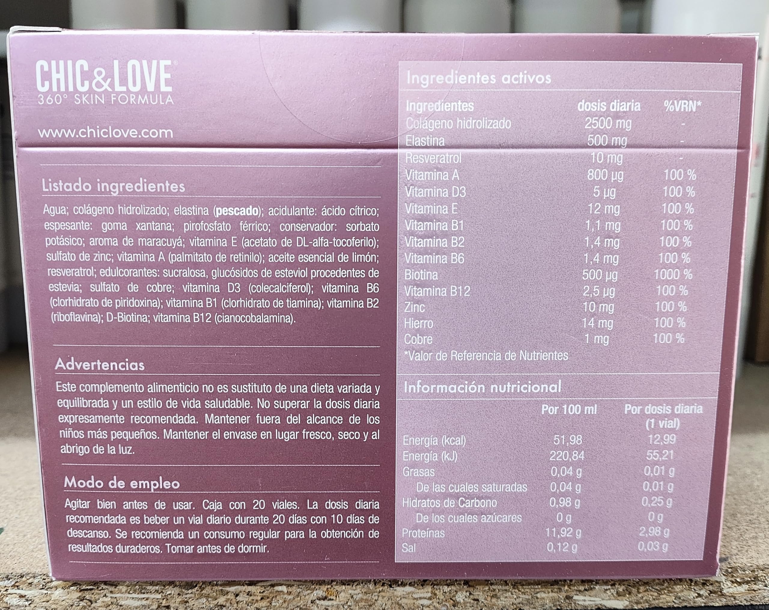CHIC & LOVE | Elixir de la Juventud | Viales Bebibles Antiedad | Colágeno Hidrolizado, Vitamina E, A, D3, Resveratrol y Zinc | Piel Radiante y Saludable | Sin Gluten, Sin Lactosa | 20 Días | 20x25ml