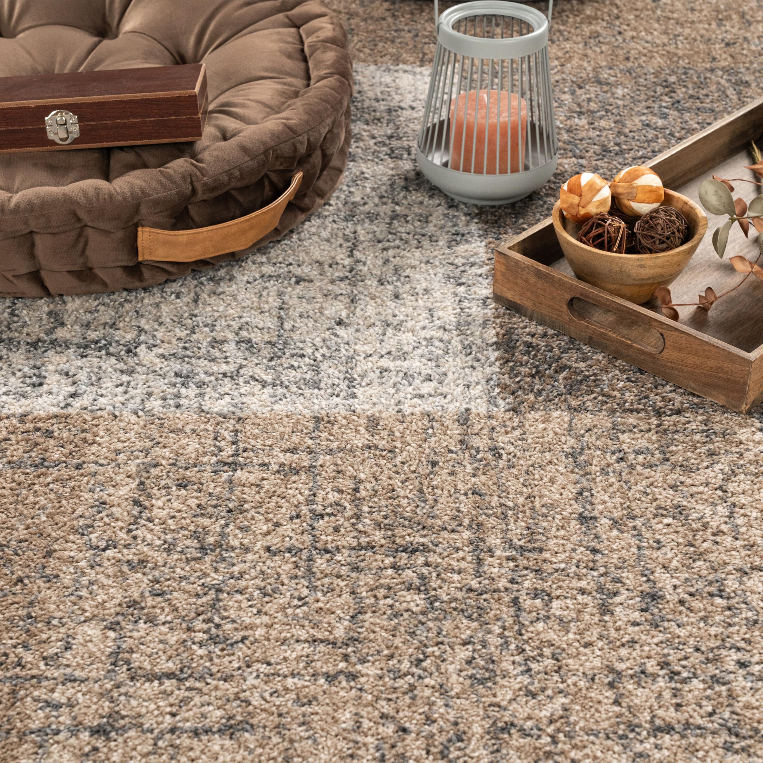 Paco Home Tapis Moderne à Carreaux Poils Courts Moucheté Brun Crème, Dimension:140x200 cm