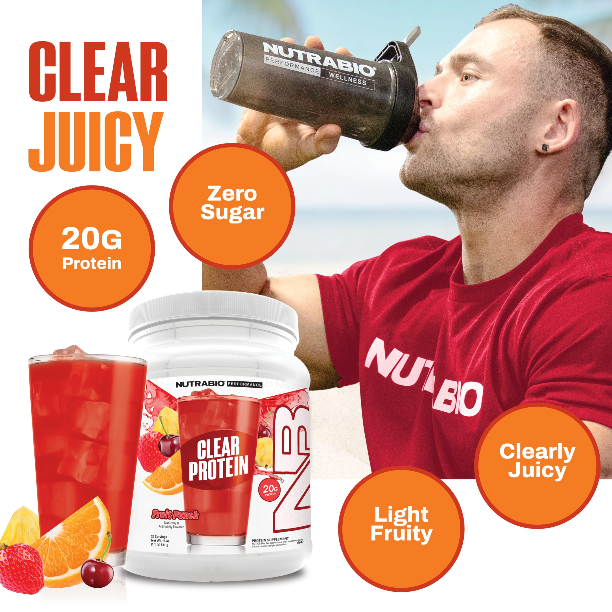 NutraBio Clear Protein Powder, Fruit Punch - 20 Servings, 20g Clear Whey Protein Isolate, 0 Sugar, 0g Lactose, Refreshing Fruit Flavors, GLP1 Support - Bone Health - Muscle Post Workout Recovery
