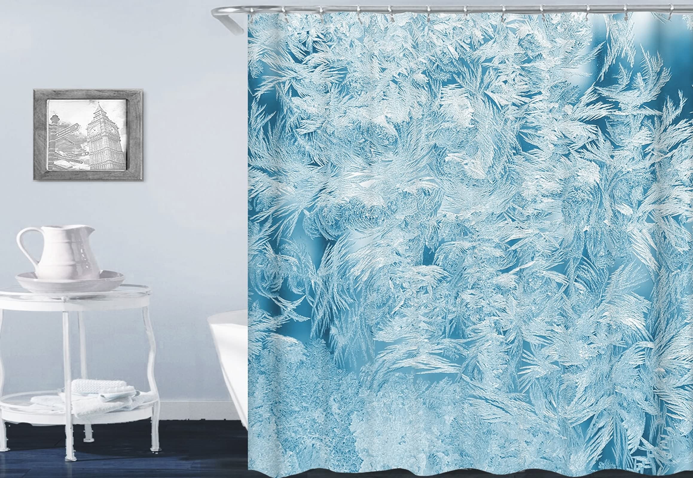 Rideau de douche bleu 180x200 en tissu polyester étanche avec anneaux