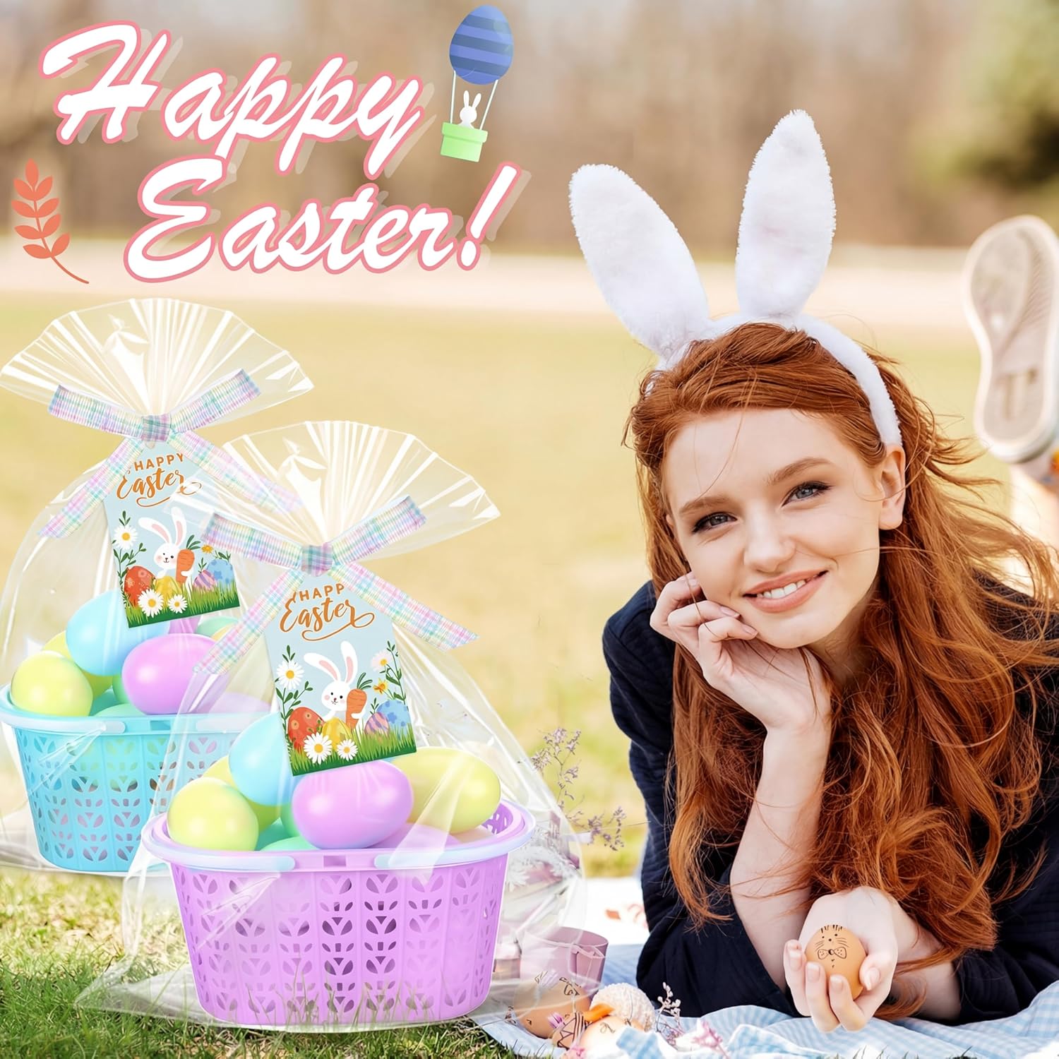 12 Sets Pastel Plastic Easter Baskets Bulk Small Colorful Easter Baskets with Handles Happy Spring Gift Decorations with Gift Tags Clear Bags Ribbons for Spring Hunt Picnic Party Favors