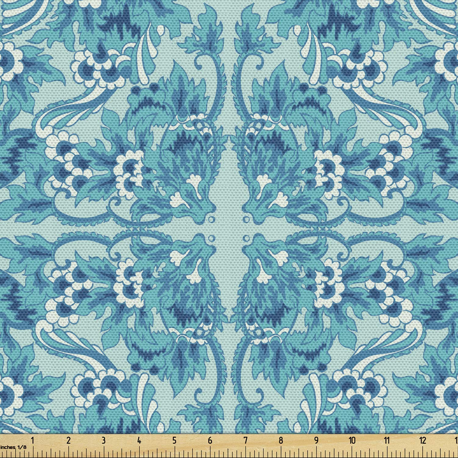Lunarable Turquoise Fabric by The Yard, Flower Pattern Symmetric Antique Floral Pateren Ornaments Art Print, Decorative Fabric for Upholstery and Home Accents, 2 Yards, Turquoise Teal