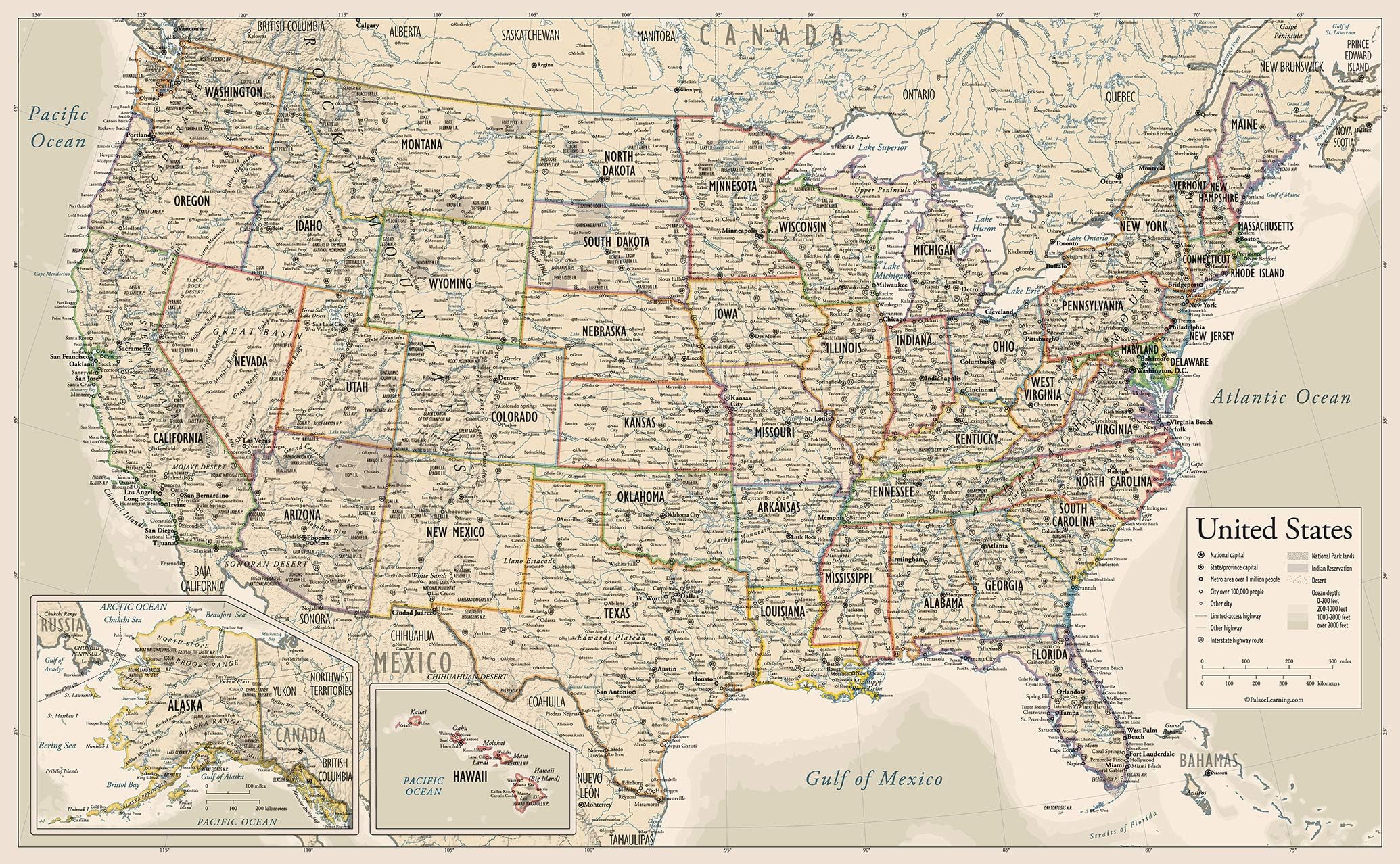 Palace Learning Antique Style USA Map - Wall Chart Map of The United States of America - Made in The USA - Updated Laminated 18" x 29"