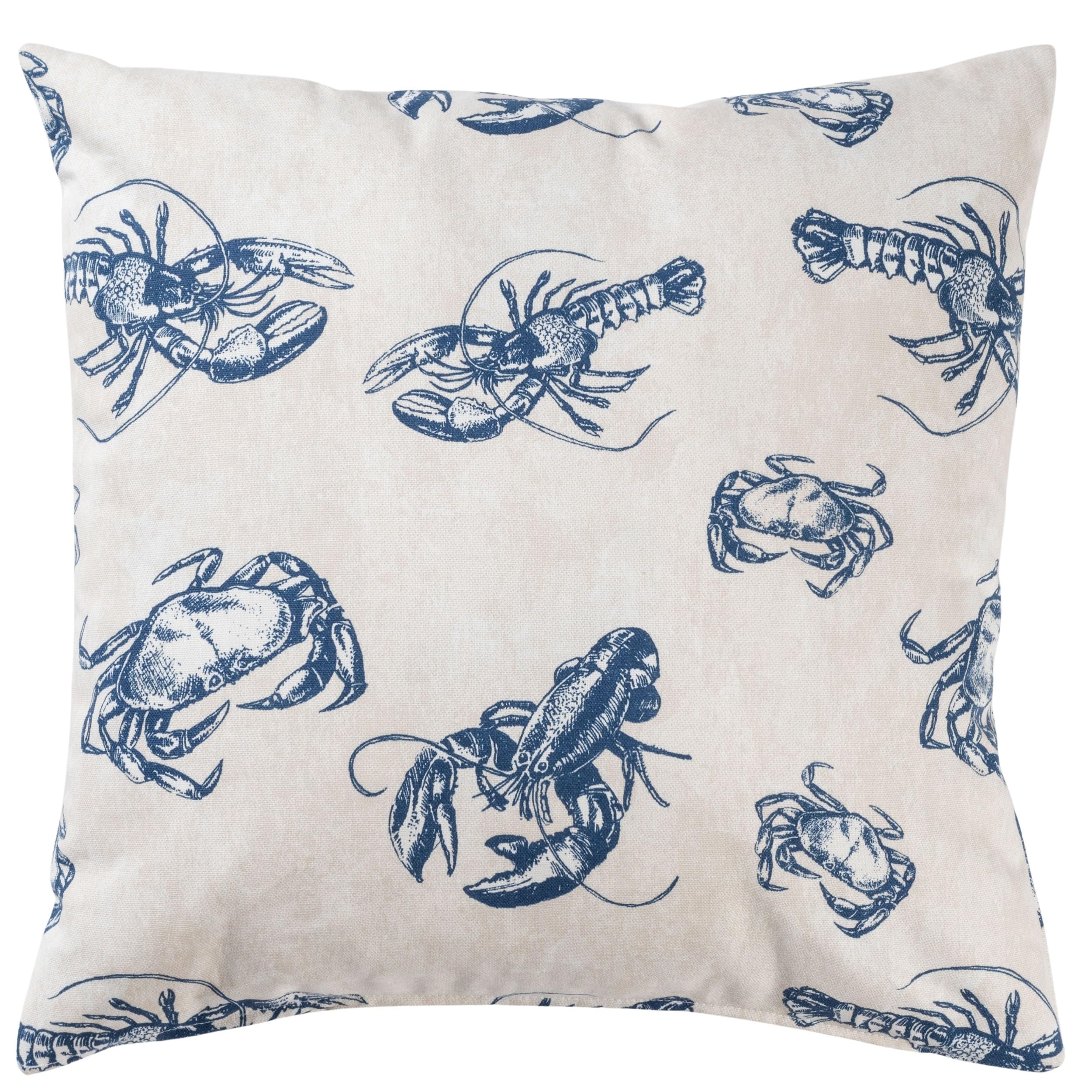 Linen Loft Blue Crab And Lobster Nautical Cushion Cover. Marine And White Sea Creature Design For Beach Huts. 17X17 Square Cushion Cover