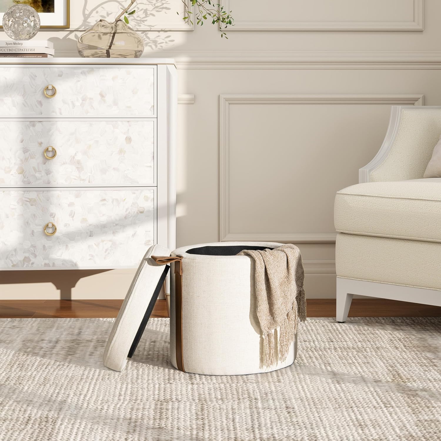 Jennifer Taylor Home Brandy 14" Round Upholstered Storage Ottoman with Leather Accent, Flax White Linen