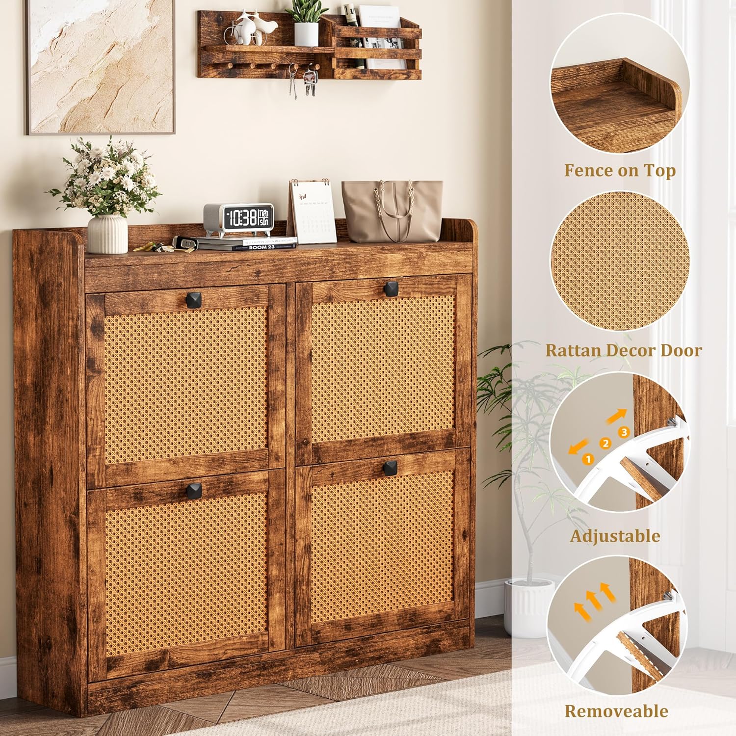 Garvee Shoe Storage Cabinet with 4 Deep Flip Drawers for Larger Shoes, Wood Shoe Cabinet with Rattan Doors and Adjustable Shelves - Freestanding Shoe Organizer for Entryway, Hallway