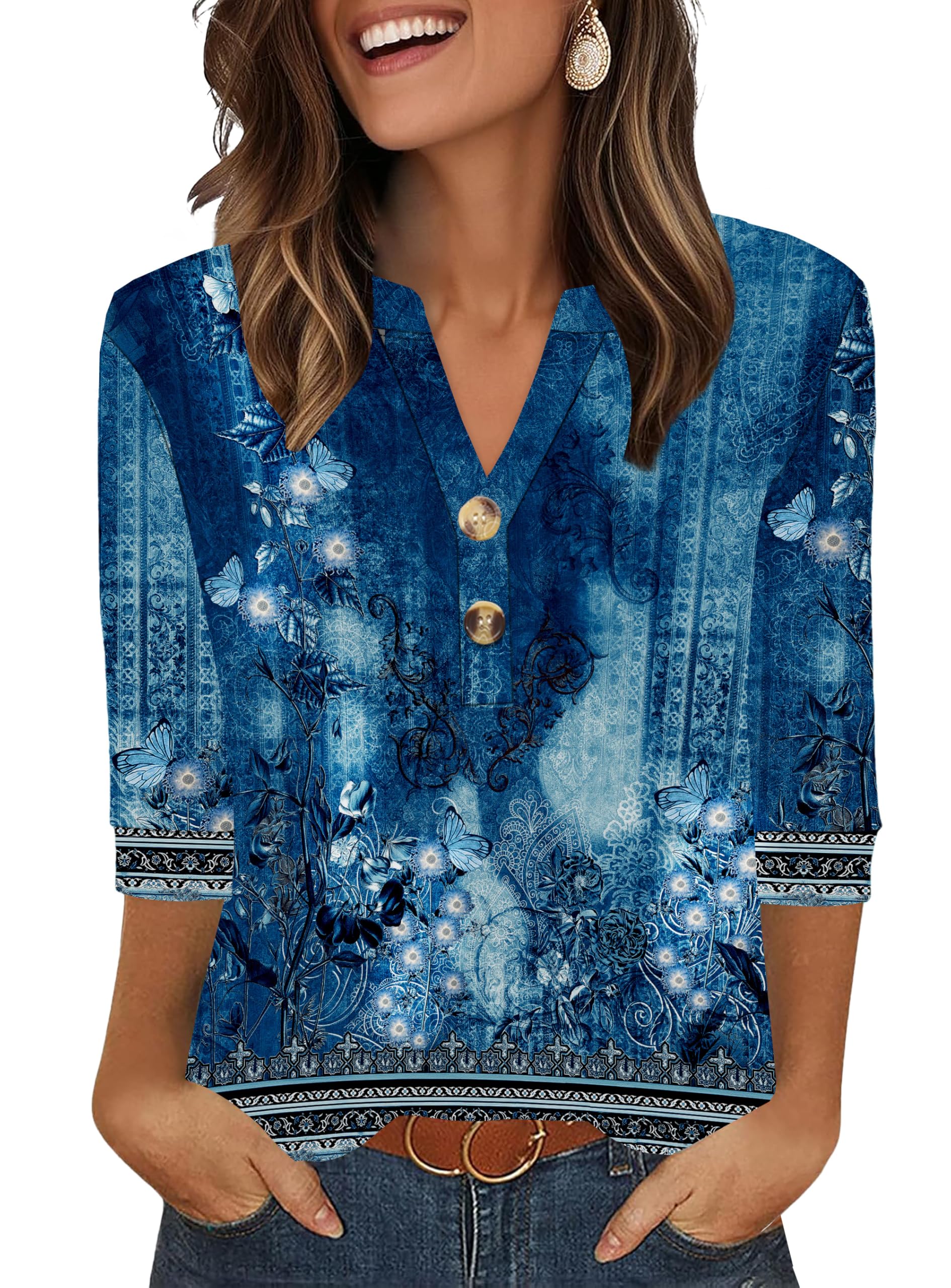 Aokosor Womens 3/4 Sleeve Tops Ladies Blouse V Neck Tunic Long Sleeve T Shirts Curved Hem Office Wear — view 18