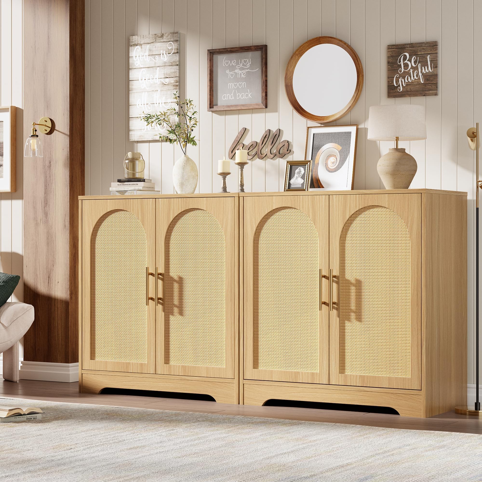 Credenza moderna in rattan, tavolo consolle in legno con maniglie in metallo, ante decorative, ripiano interno fisso, dispositivo anti-ribaltamento, contenitore per sala da pranzo, cucina