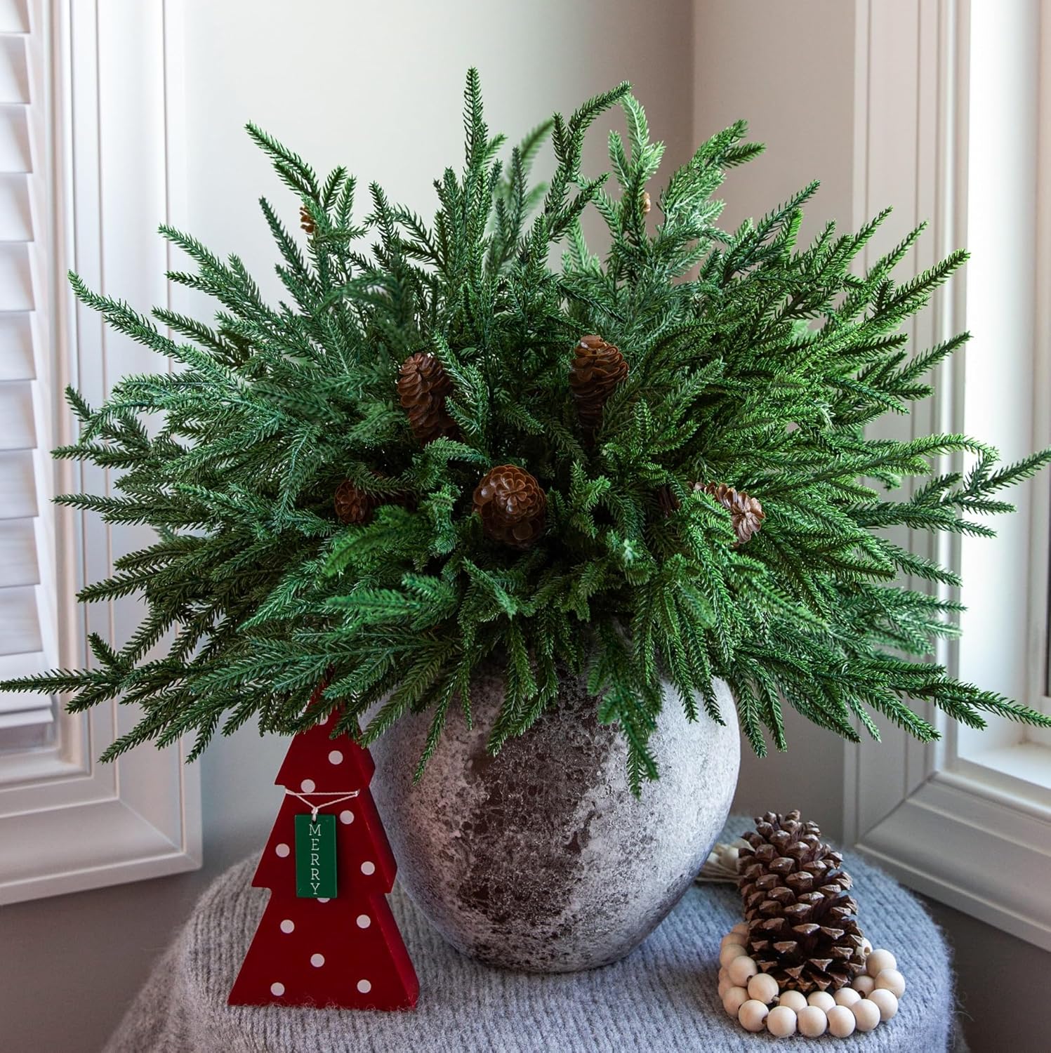 12PCS Christmas Norfolk Pine Stems, Real Touch 17 Inches Artificial Norfolk Pine Branches with 5 Big Pinecone Stems Faux DIY Greenery Pine Picks Plastic for Indoor Outdoor Home Dcor Big Pine Cones