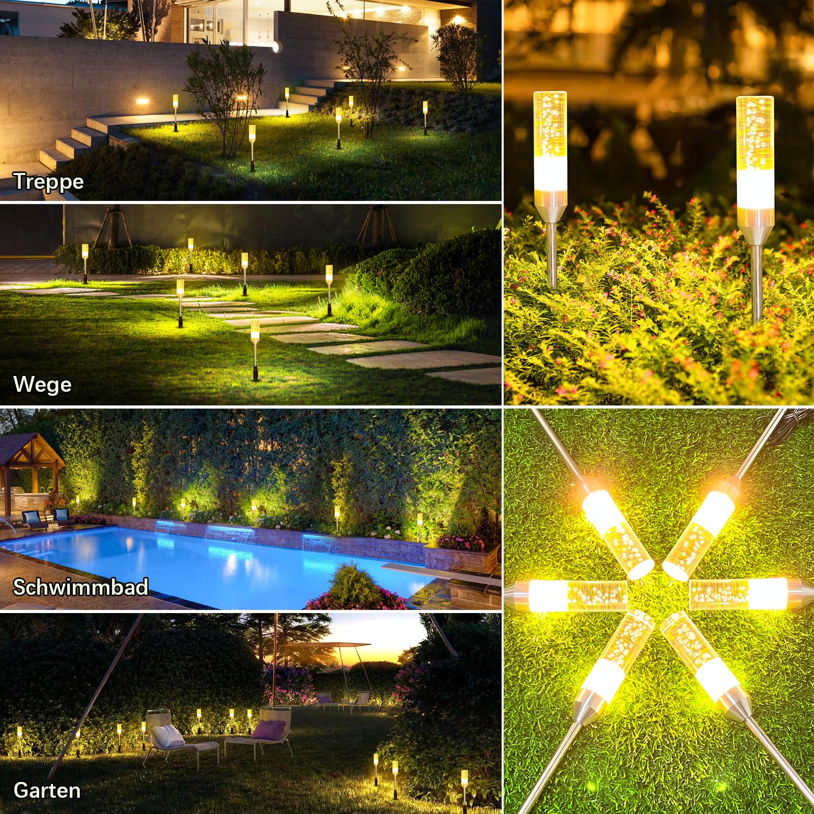 Gartenbeleuchtung 8M LED Gartenleuchte 570LM Luftblasen Leuchtstäbe 2700K Erweiterbar Gartenlampen mit Strom Erdspieß Kabel IP65 Wegleuchte Wegbeleuchtung für Außen Garten Yard 6er Set