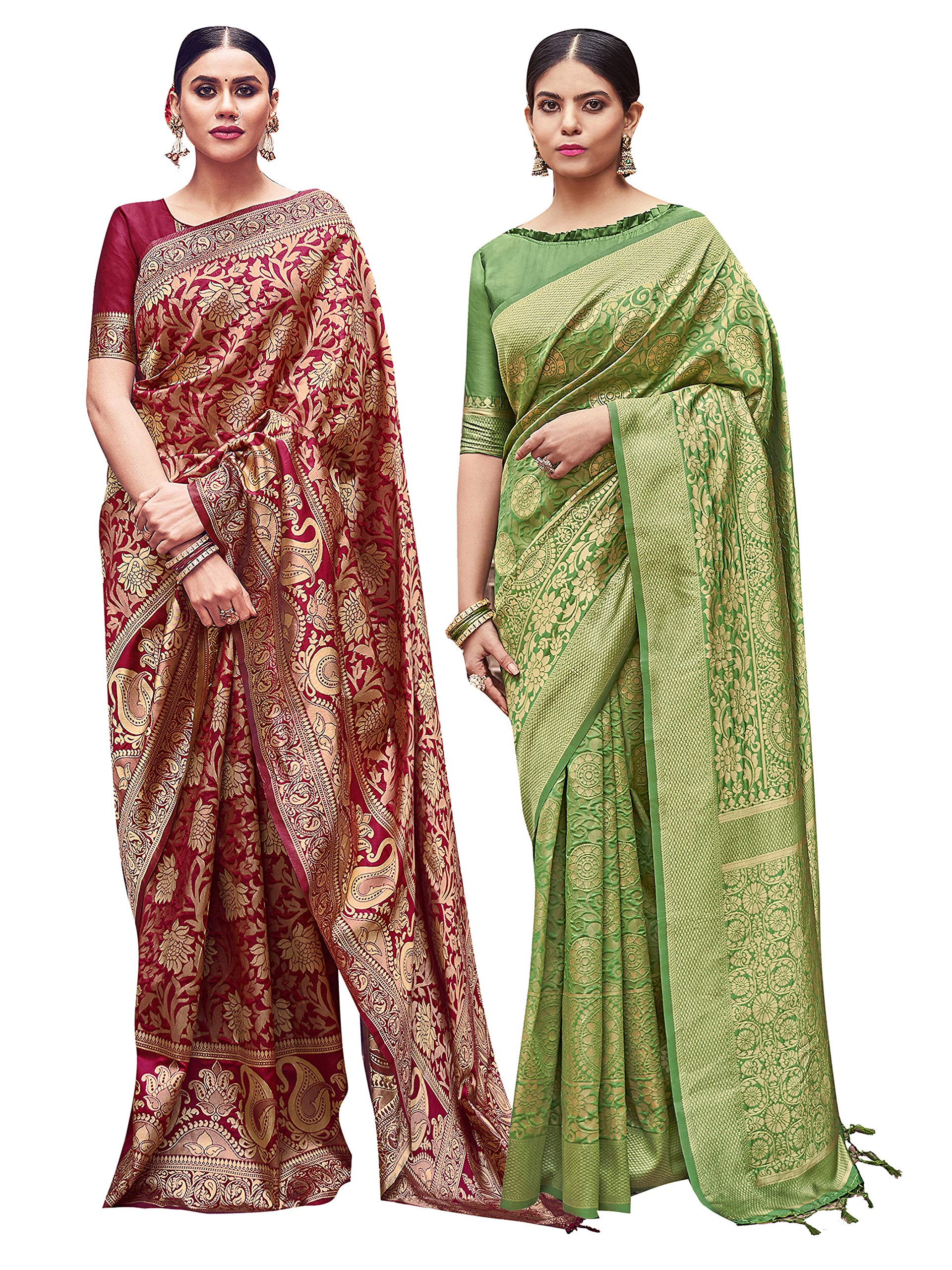 Elina fashion Pack of Two Sarees for Women Banarasi Art Silk Woven Saree || Indian Diwali Ethnic Wedding Gift Sari Combo