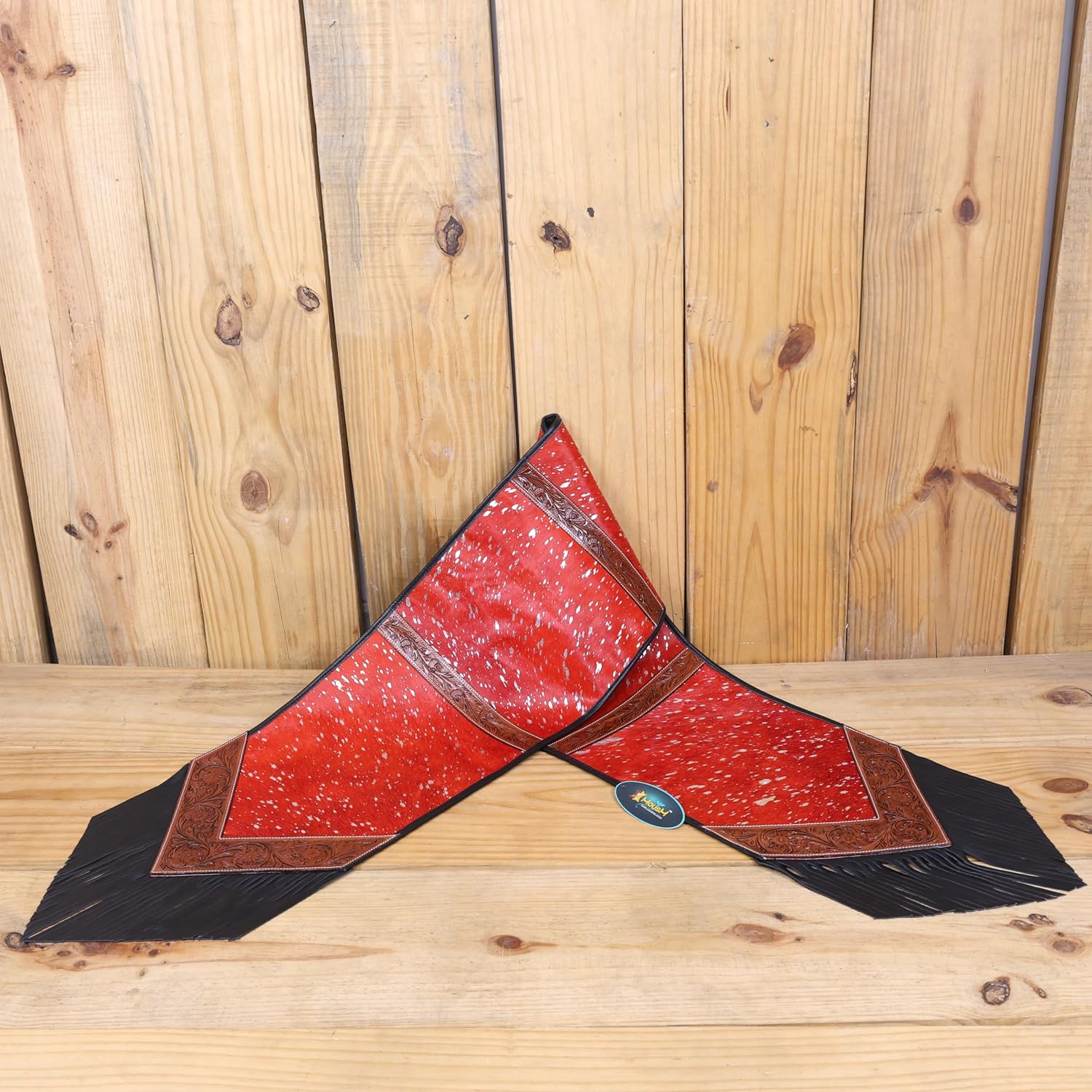 Red Acid Wash Leather Table Runner – Square-Cut Design with Tooled V-Shaped Corners, Patch Dividers & Leather Fringe – 72" x 12" – Handcrafted by MOUSM