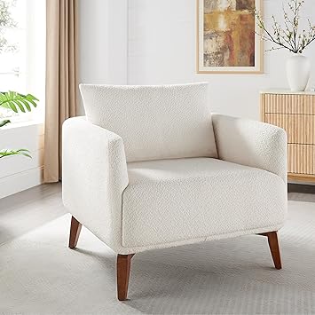 Oversized Accent Chair Modern Boucle Armchair for Living Room- 37" Wide Accent Chair with Solid Wood Legs, White Upholstered Lounge Chair for Bedroom & Office, Cozy Reading Chair Easy Assembly