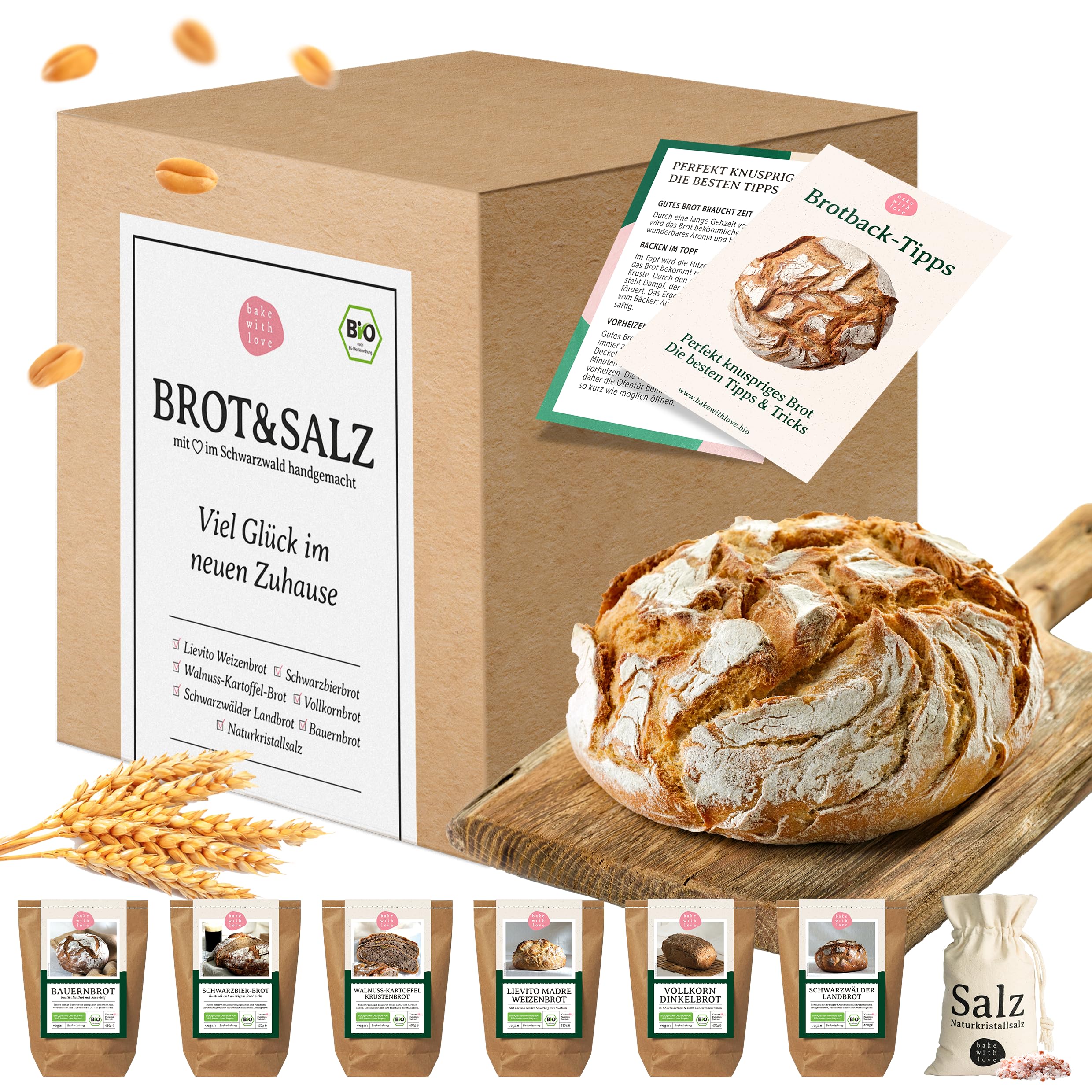 Brot und Salz Geschenk – Geschenkkorb mit 6 Bio Brotbackmischungen – originelle Einzugsgeschenke