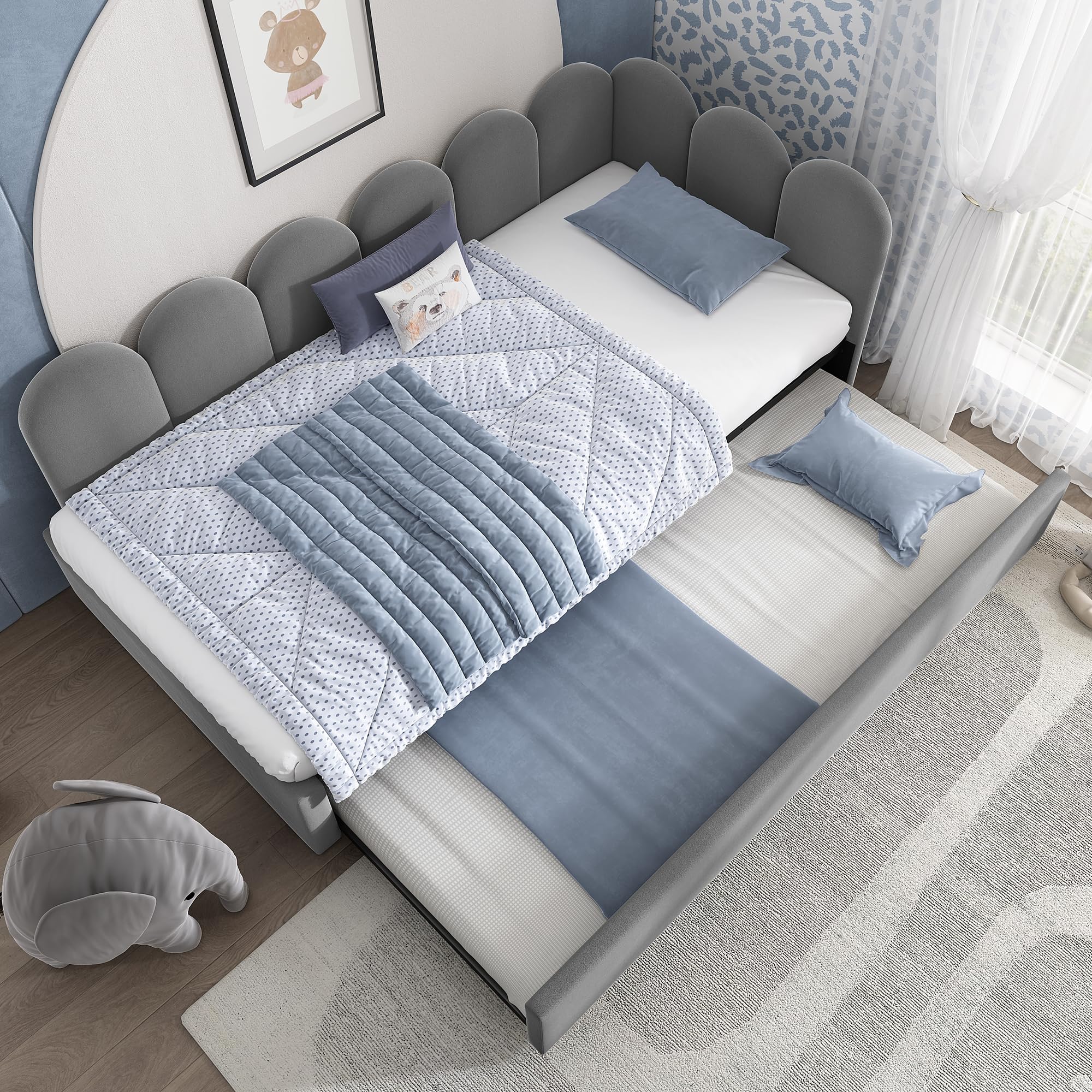 Kebnor Letto imbottito Daybett 90x200cm, divano letto con letto estraibile 90x190cm, letto per bambini con rete a doghe, in velluto (senza materasso) (Grigio)