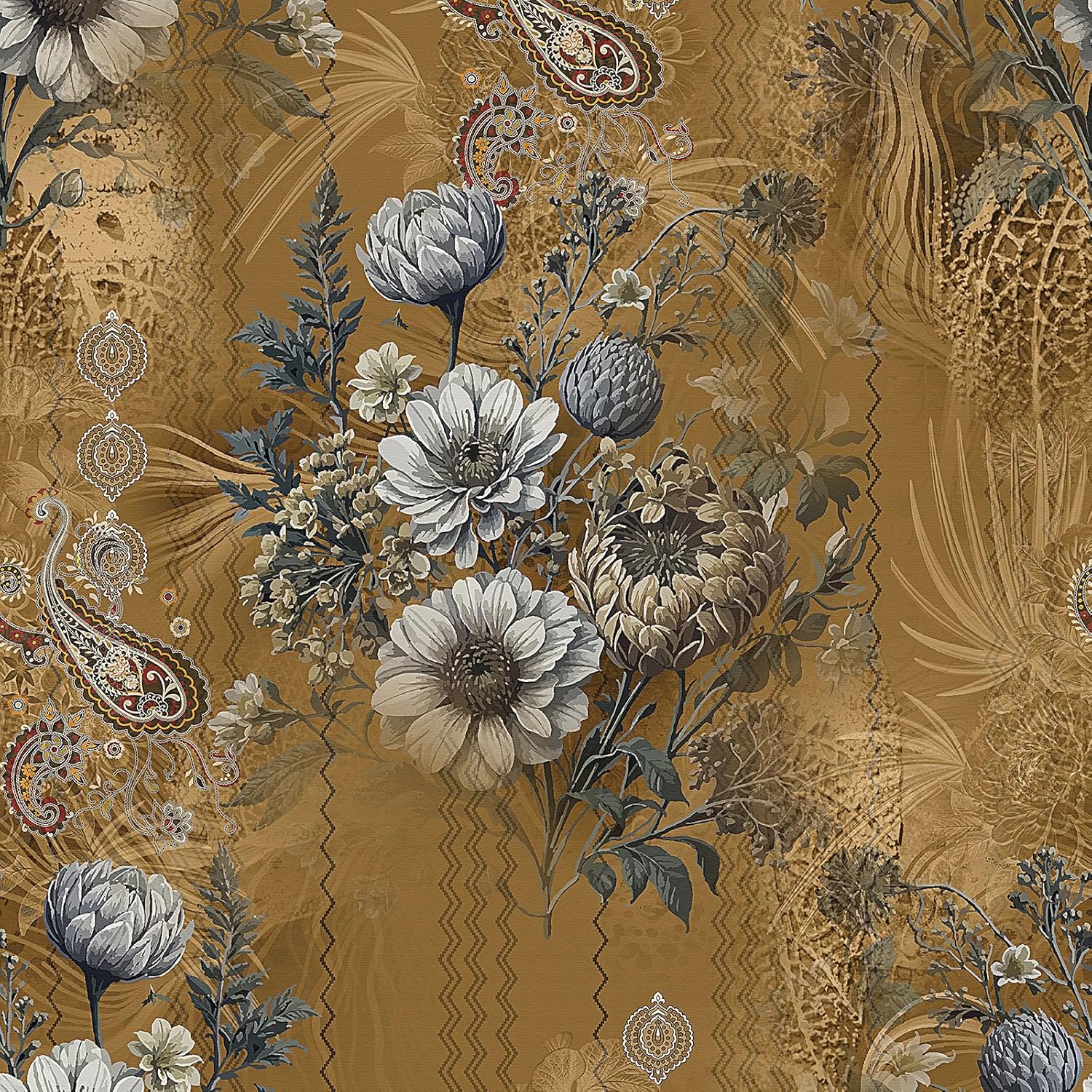 17.5x393 Vintage Floral Peel and Stick Wallpaper Boho Damask Wallpaper Prepasted Renter Friendly Yellow Brown Botanical Floral Traditional Bohemian Boho Contact Paper Removable Retro Flower