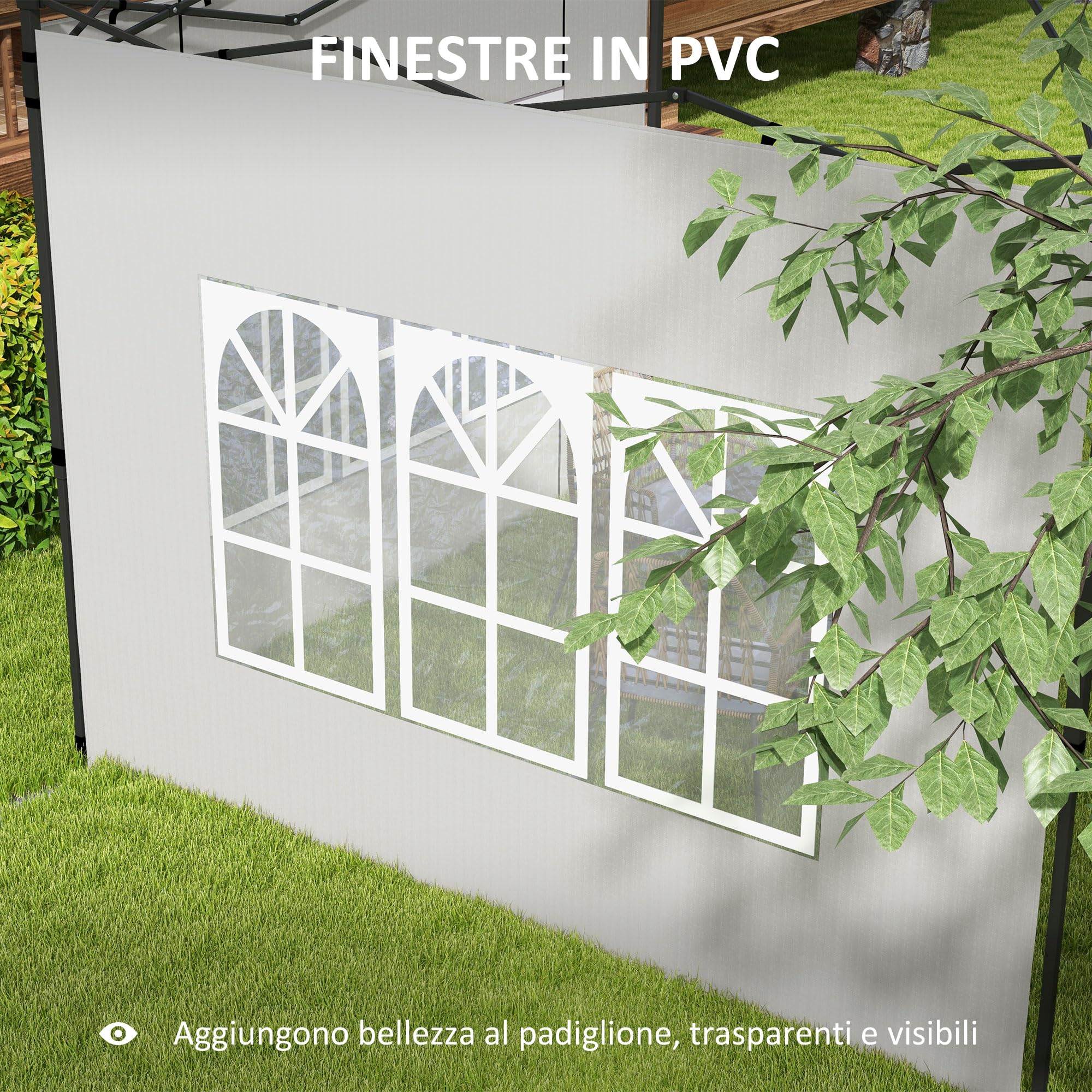Outsunny Set 2 Pareti Laterali per Gazebo 3x3 m e 3x6 m, Teli per Gazebo con Finestre in PE e Plastica, Bianco