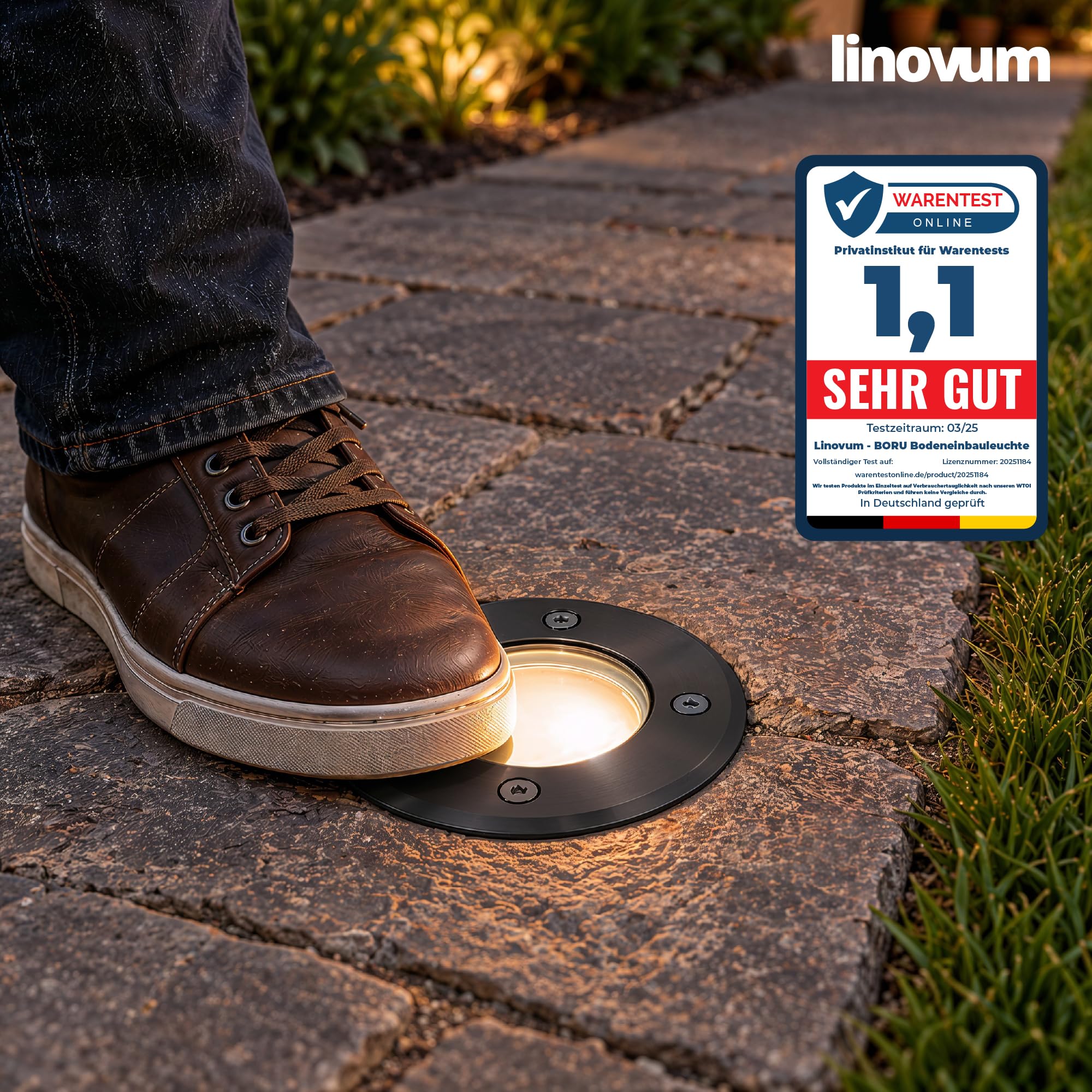 linovum 4 Stück BORU Bodeneinbauleuchten Außen IP67 mit LumiFLEX LED GU10 6W warmweiß + neutralweiß + tageslicht - 4x Bodenspots schwarz 230V kratzfest mit Kabel