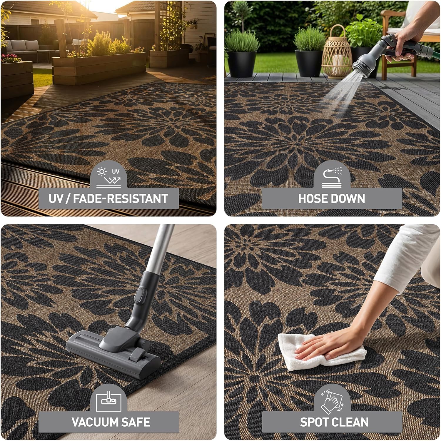 Rugshop Floral Indoor Outdoor Flat Woven Area Rug,Natural Jute-Style,Easy-Care Patio Rug for Backyard Porch Deck Balcony, 4' x 6' Dark Gray/Natural