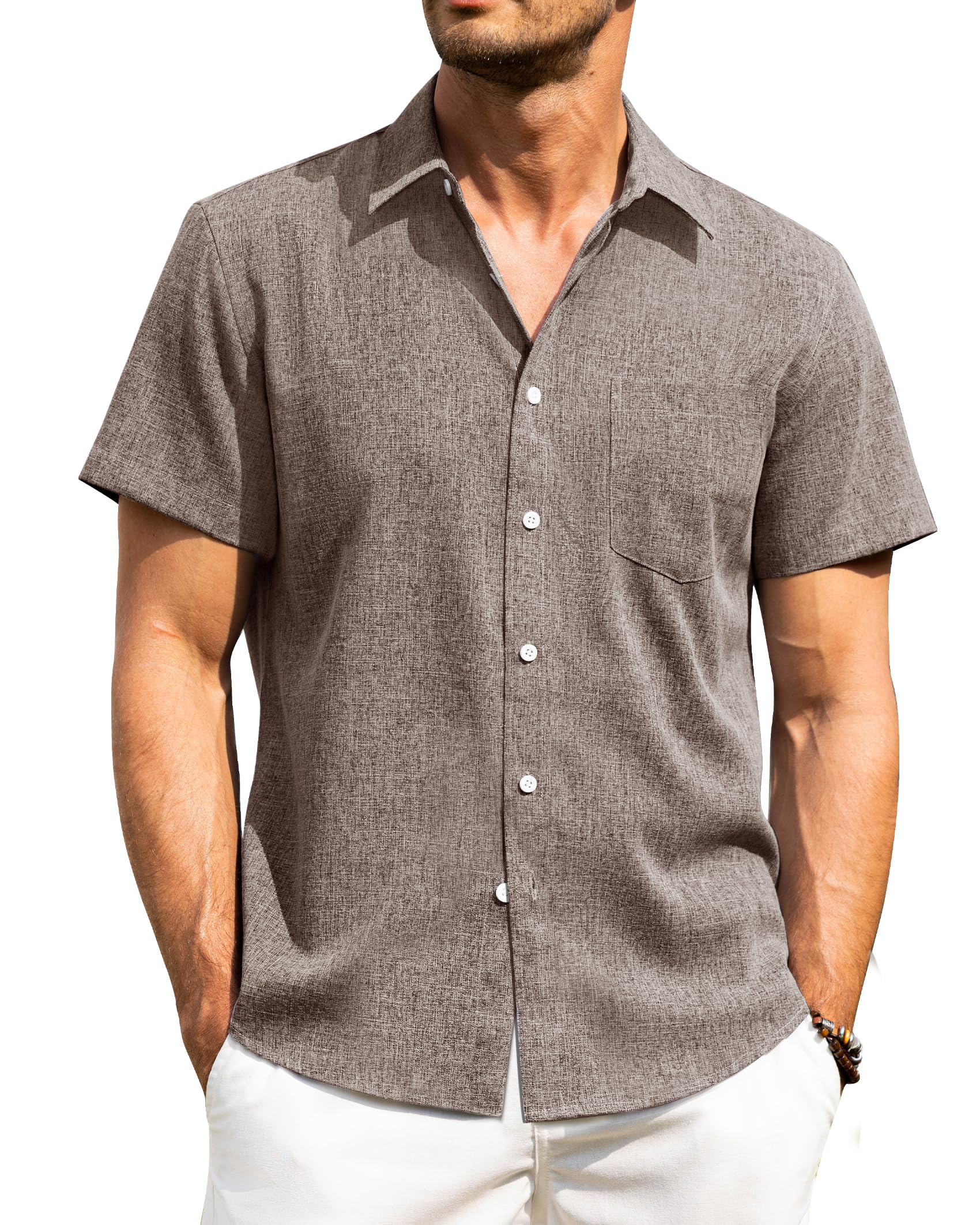 Alimens & Gentle Mens Linen Shirts Short Sleeve Button Down Shirts Wrinkle Free Casual Vacation Beach Summer Tops