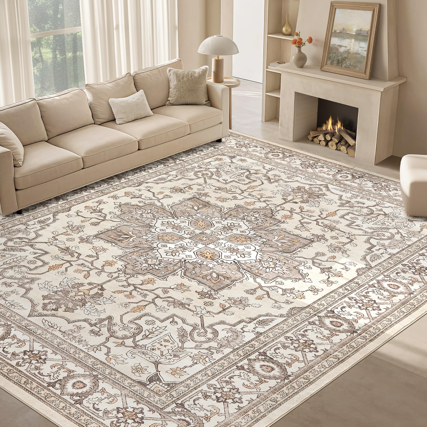ESEOE Washable 8x10 Area Rugs Soft Large Vintage Low Pile Carpet Neutral Farmhouse Non-Slip Stain Resistant Indoor Rug