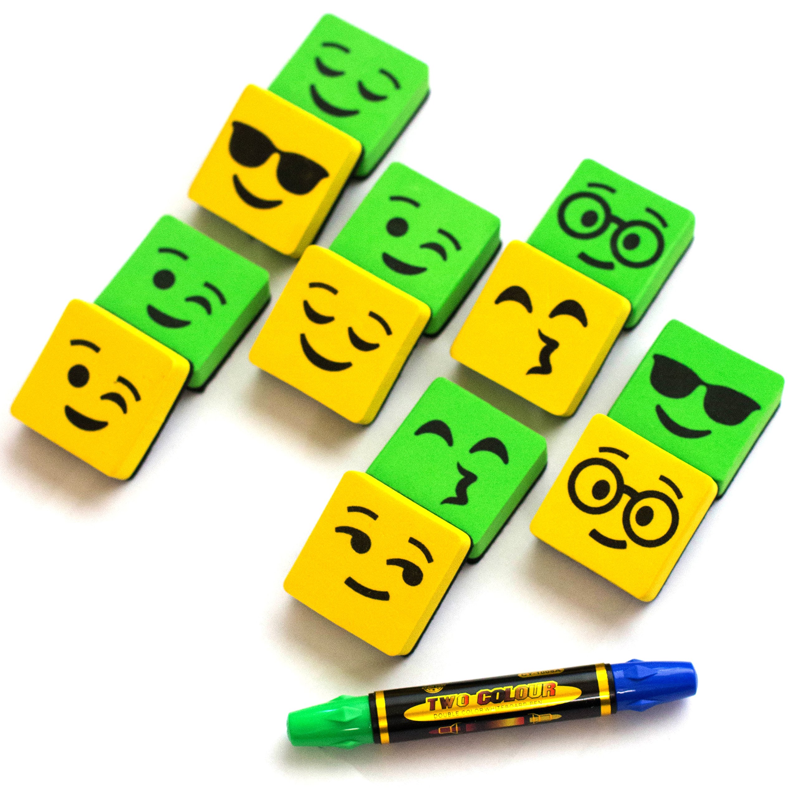 Magnetic Yellow/Green Smiley Faces Dry Erase Erasers for Whiteboard - 12 in Pack. Cleaning White Board - Two Side Markers - for Student and Teachers - Useful at School Office & Home from BundleStuff