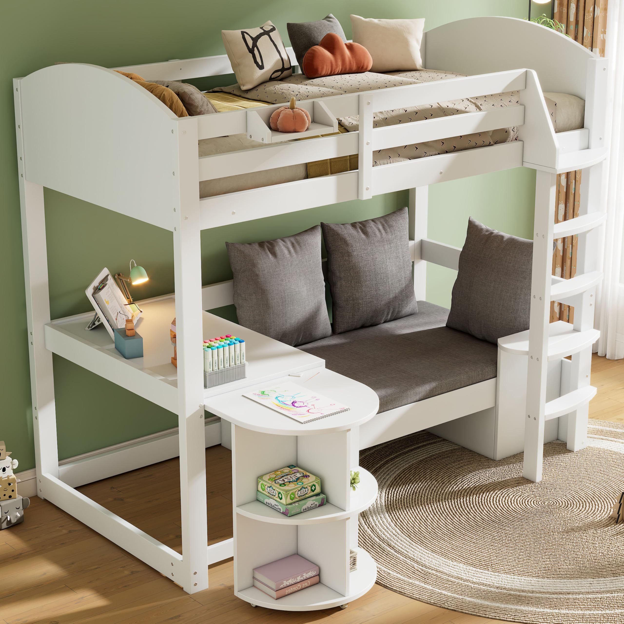 Multifunktionales Kinderbett 90x200cm, Etagenbett Hochbett mit ausziehbarem Tisch, Sofa mit Stauraum, Sitzkissen, Kissen und Lagerregale, Stockbett Kinderhochbett Jugendhochbett, Ohne Matratze, Weiß