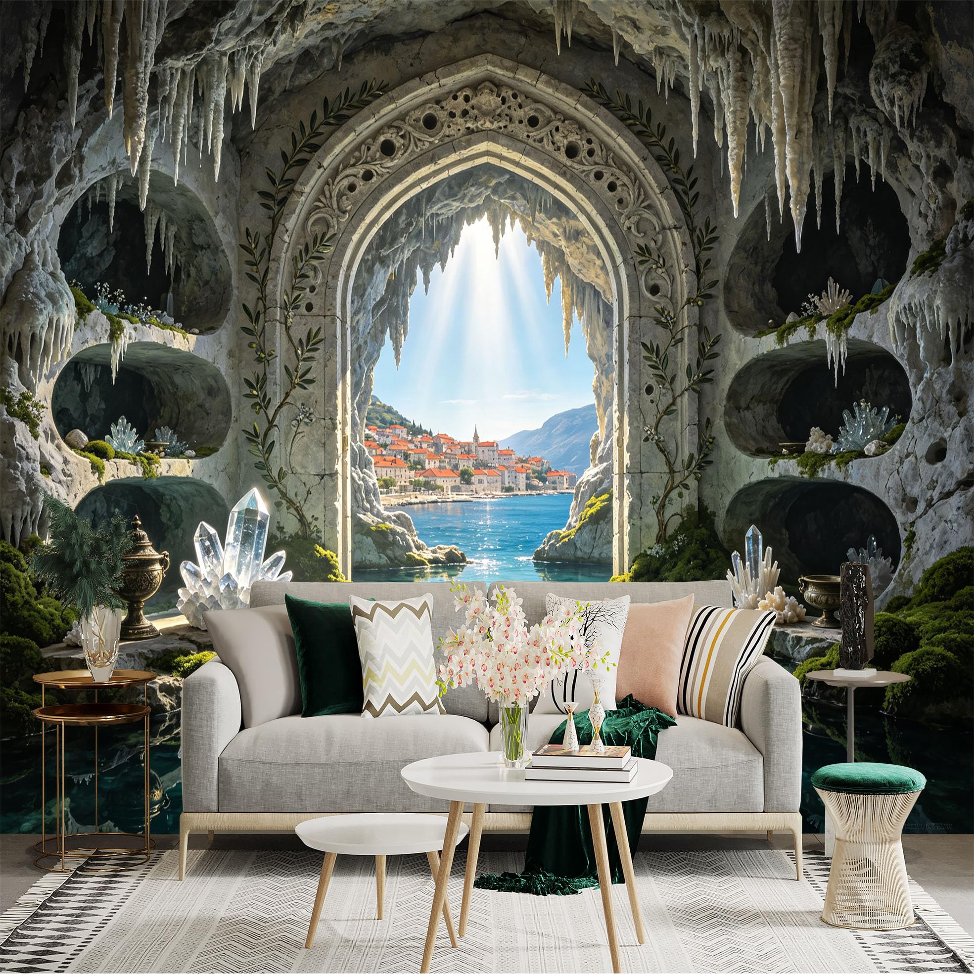 Custom Size Wall Sticker Mural， Fantasy Cave Archway with Crystal Lake and Coastal Village， for wall Decoration， peelandstick wall Decals.
