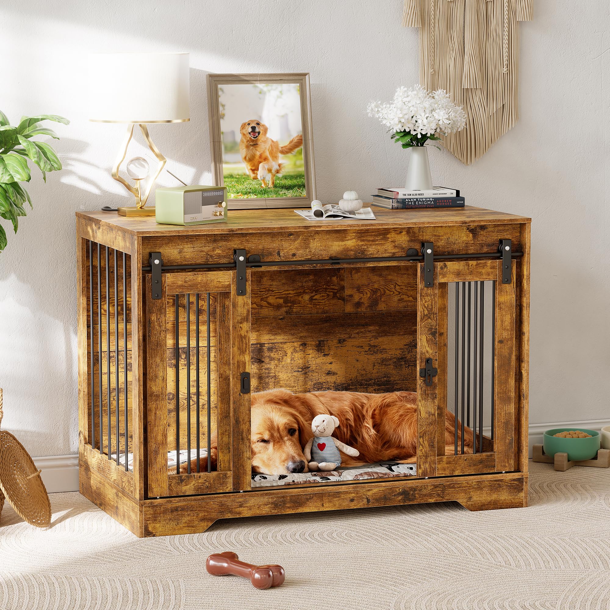 MSFE Jaula Mueble de Madera para Perros,Jaula para Perros para Interior en Casa con Puertas corredizas dobles y Cerradura de puerta lateral para perros medianos y grandes,Jaula Perro 105*58*75.4cm