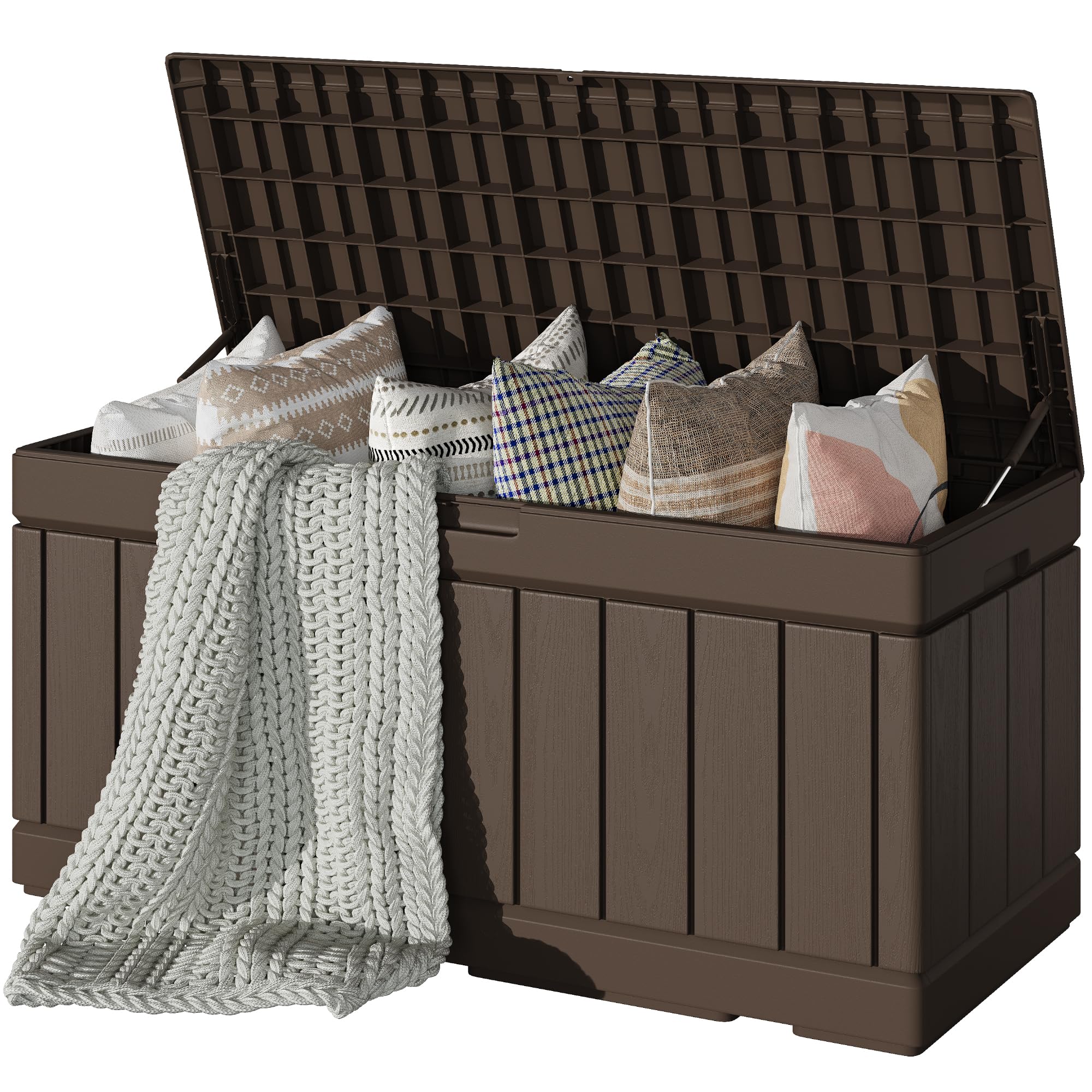 Devoko 78 Gallon Deck Box, Waterproof Resin Outdoor Storage Box for Outside and Patio, Outdoor Storage Bench Lockable for Patio Furniture, Garden Tools and Pool Supplies (Brown, 78 Gallon)