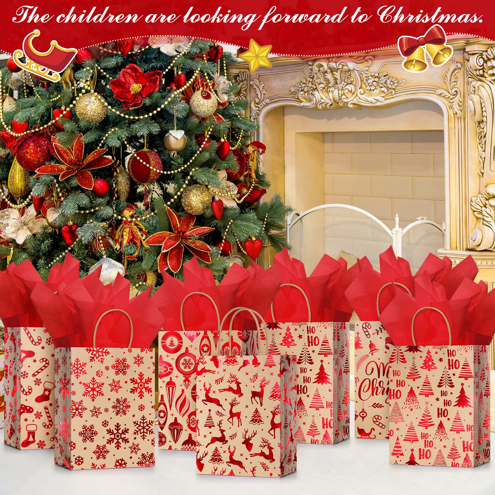 24 bolsas de regalo de Navidad con papel de seda, bolsas de regalo de Navidad con asas a granel para envolver regalos de Navidad, suministros de fiesta de vacaciones (copo de nieve rojo, mediano)
