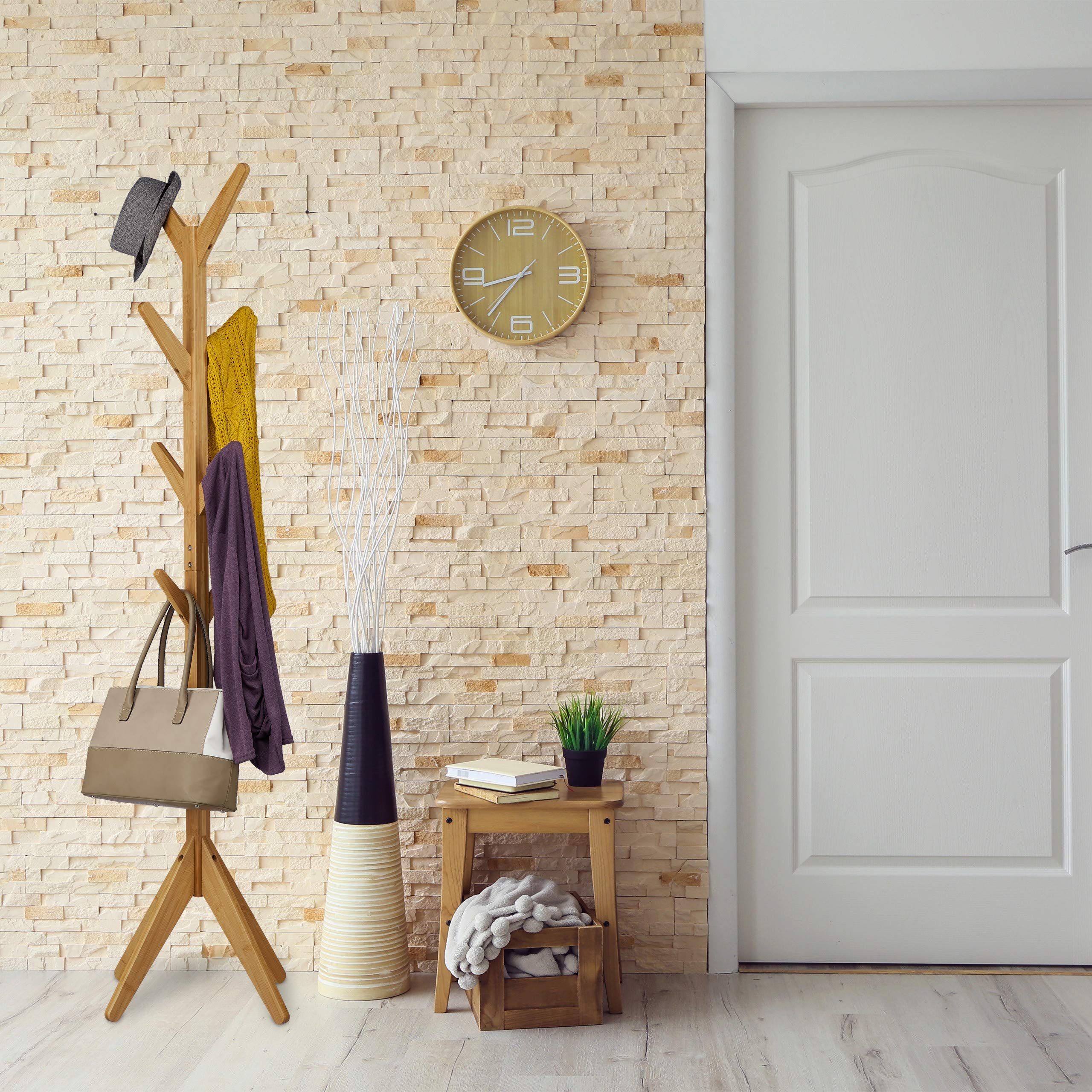 Relaxdays Appendiabiti Alto ad Albero in bambù con 8 Ganci, HLP: 181,5 x 53 x 53 cm, Color Legno Naturale