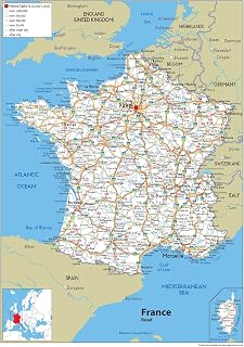Road Map of France - Size A1-59.4 x 84.1cm - Paper Laminated