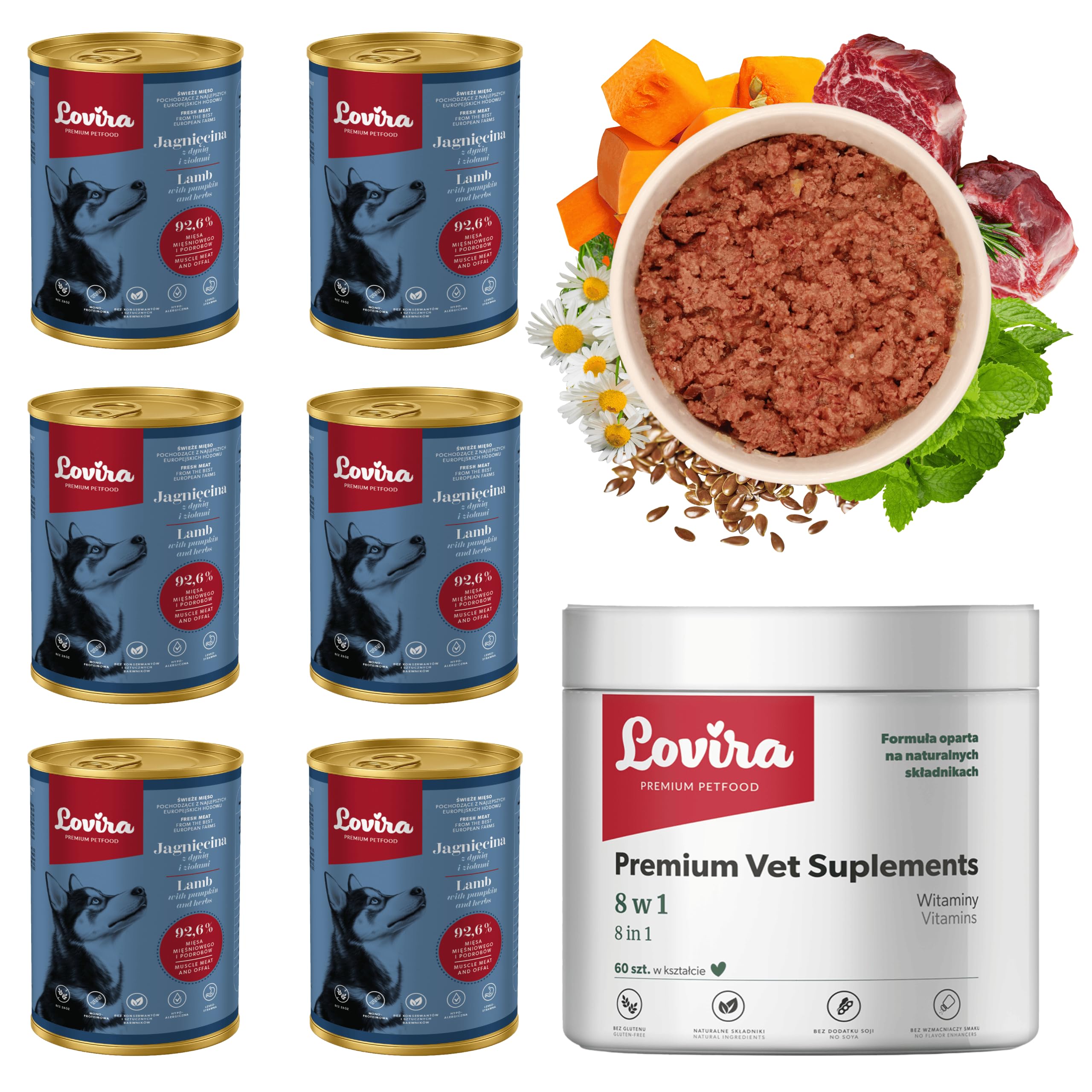Lovira - Cibo umido per cani - Alimento umido per cani - con 74,6% di carne, senza cereali - agnello - Set con integratore 8 in 1 - con zucca - per cani adulti - in lattina, 6 x 400 g + 60 pezzi