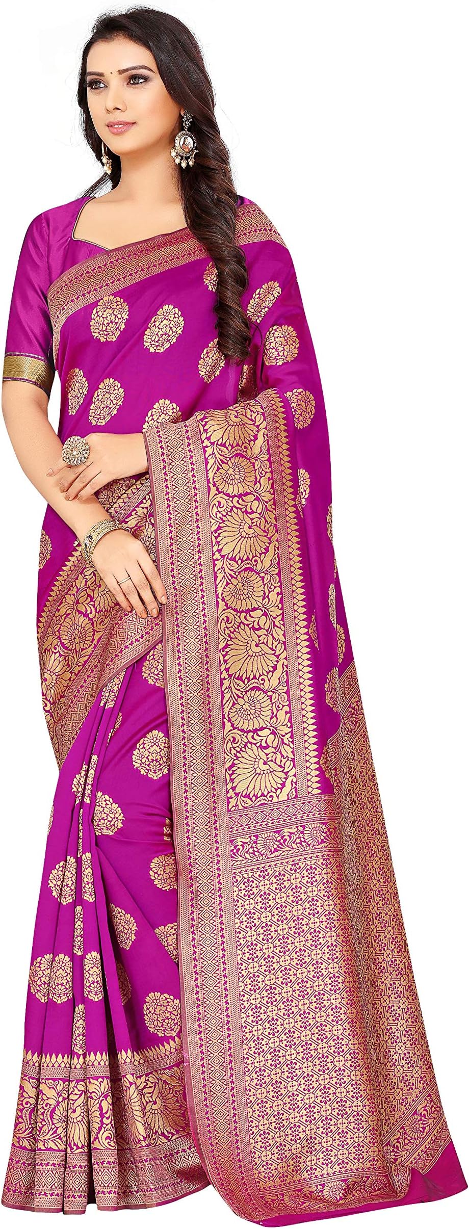 leeza storeWomen's Ranipink Cotton Blend South Indian Kasavu Solid Plain Golden Zari Border Saree With Blouse Piece