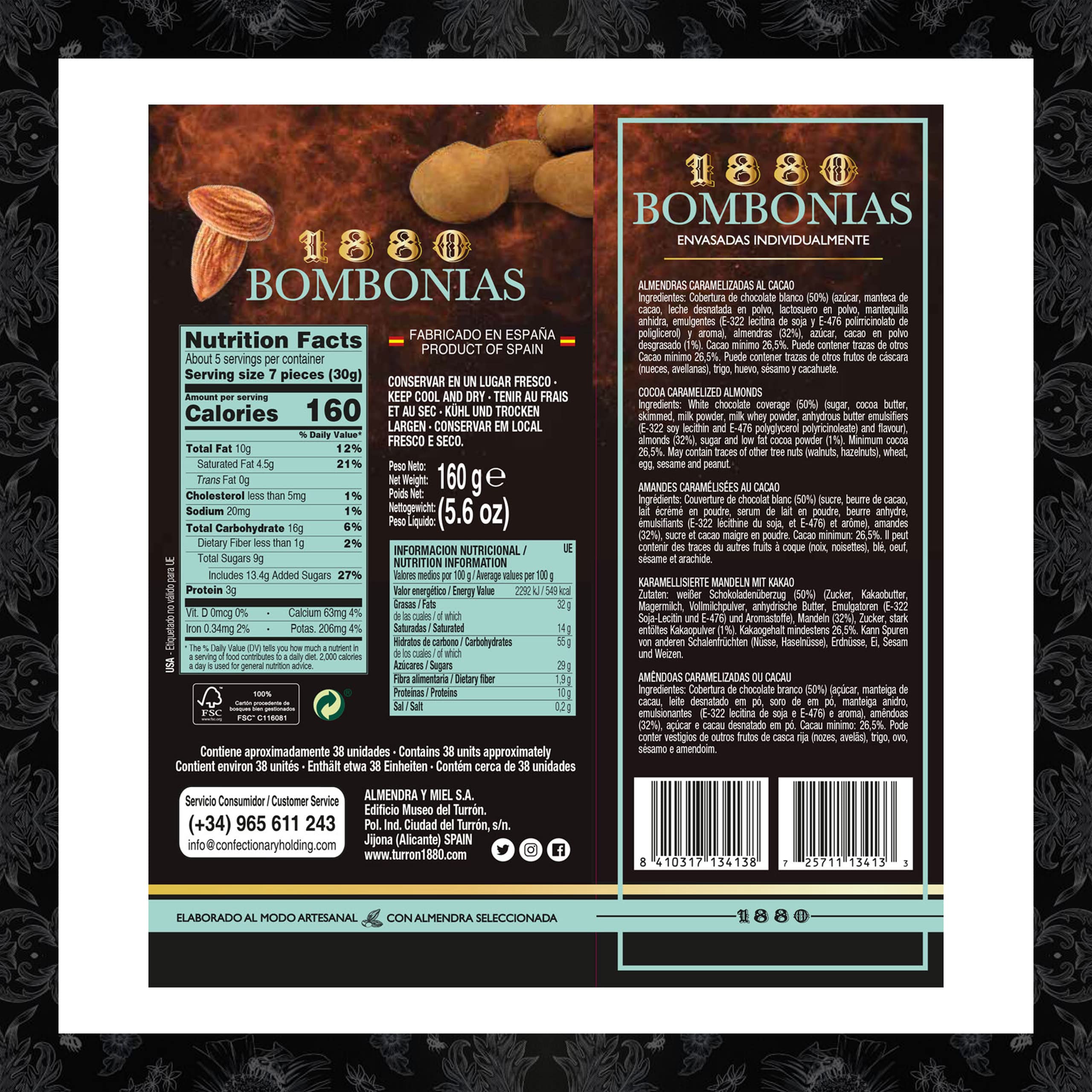 1880 - Bombonias de Almendra Caramelizada recubierta de Chocolate Blanco y espolvoreadas de Cacao | Envoltorio Individual | Calidad Suprema Snack de Turrón 160G