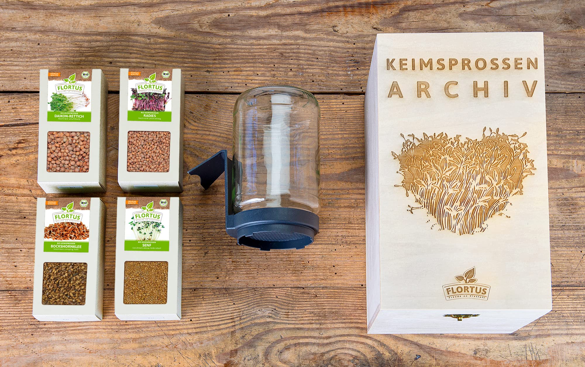 FLORTUS BIO Keimsprossen Archiv Geschenkbox SCHARF - inkl. 4 Sprossensorten | Daikon-Rettich, Radieschen, Bockshornklee & Senf | Geschenkset mit Sprossenglas | Keimsprossenbox Holzbox mit Deckel