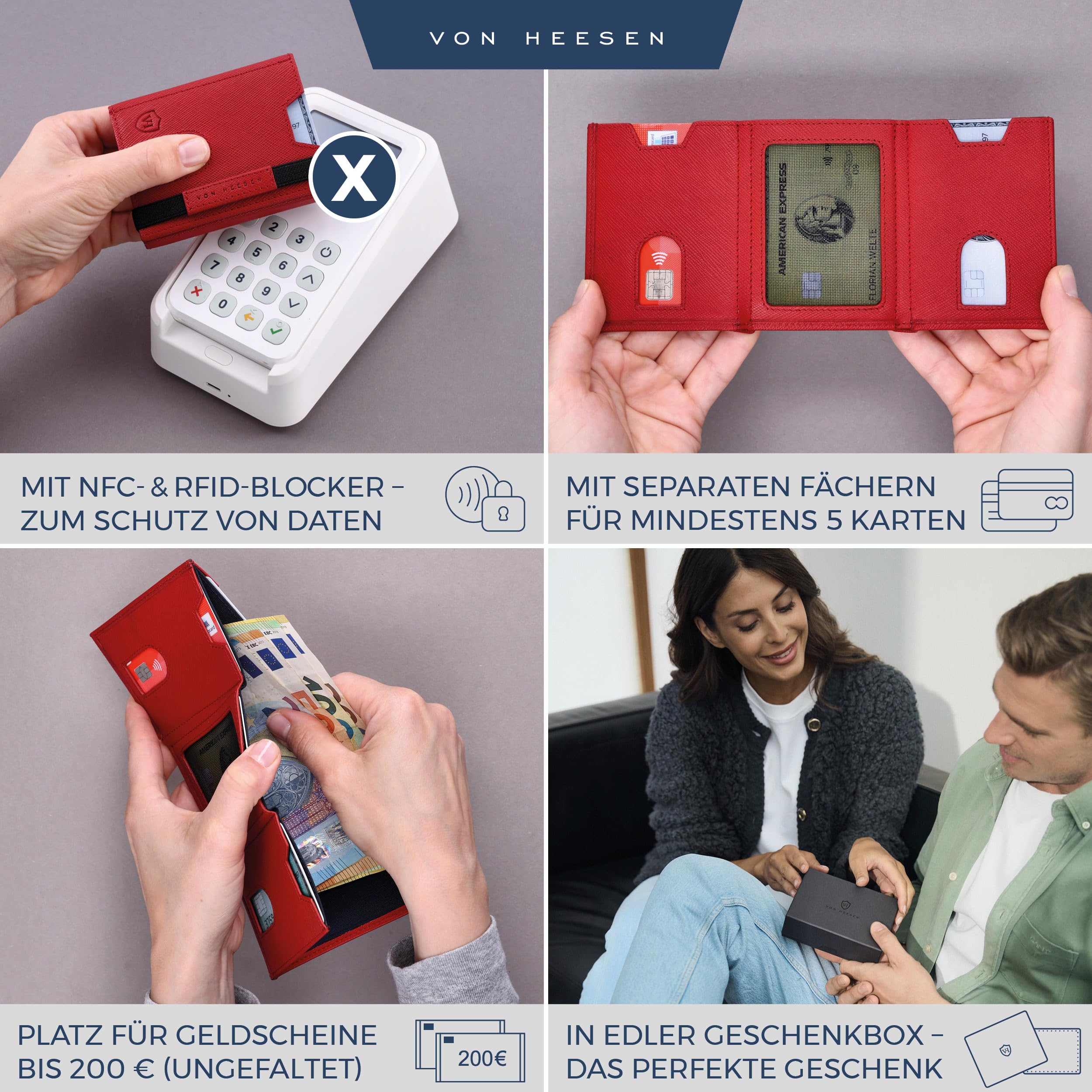 VON HEESEN Slim Wallet mit XL Münzfach & RFID-Schutz - Leder Geldbeutel - Mini Geldbörse für Herren und Damen - Kartenetui Echtleder Karten Portemonnaie klein - Kreditkartenetui Rot Saffiano - 2