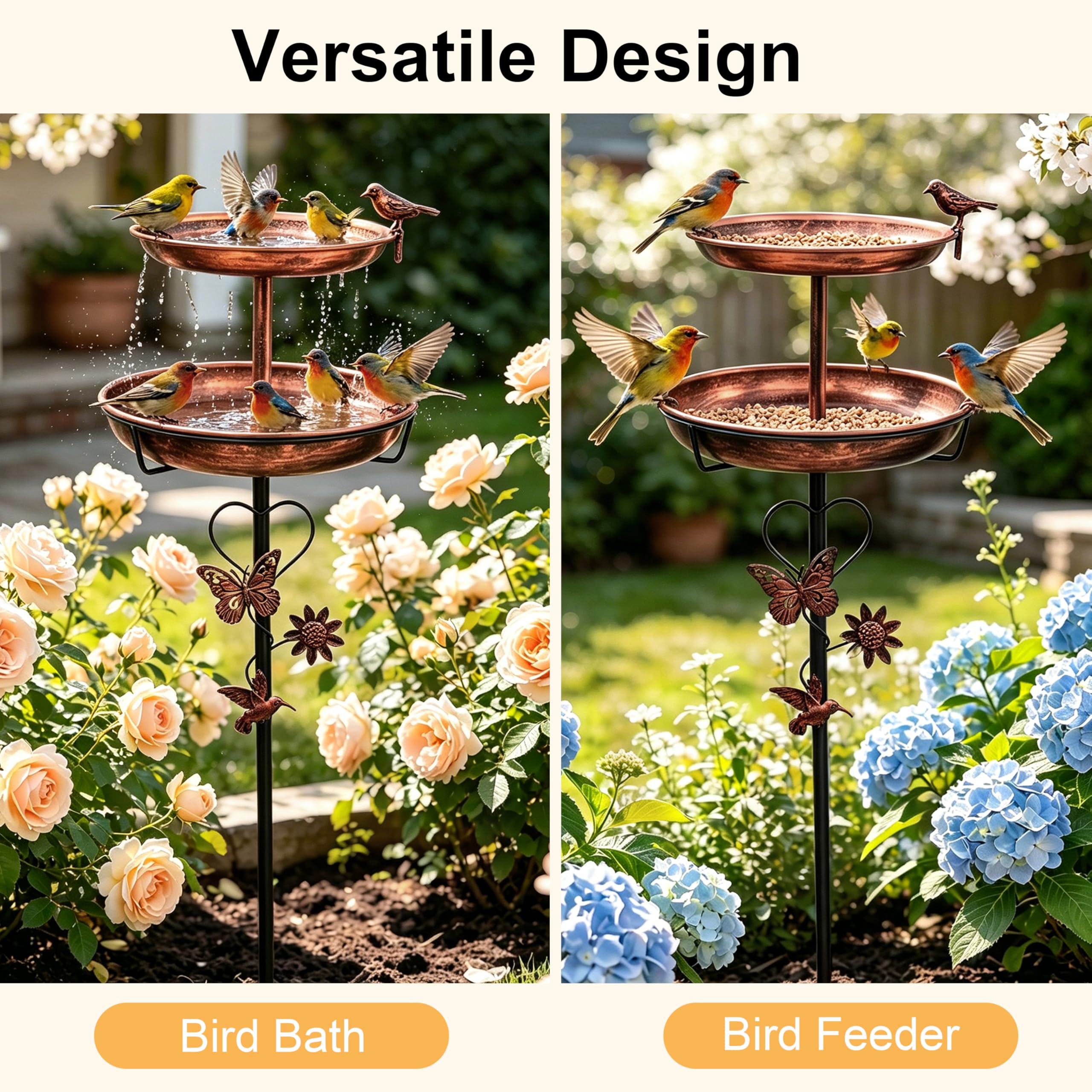 unho Vasca per uccelli e mangiatoia 2 in 1, 5 rebbi in metallo resistente, resistente alle intemperie, in bronzo anticato, a doppio livello, per giardino, esterni, cura degli uccelli selvatici