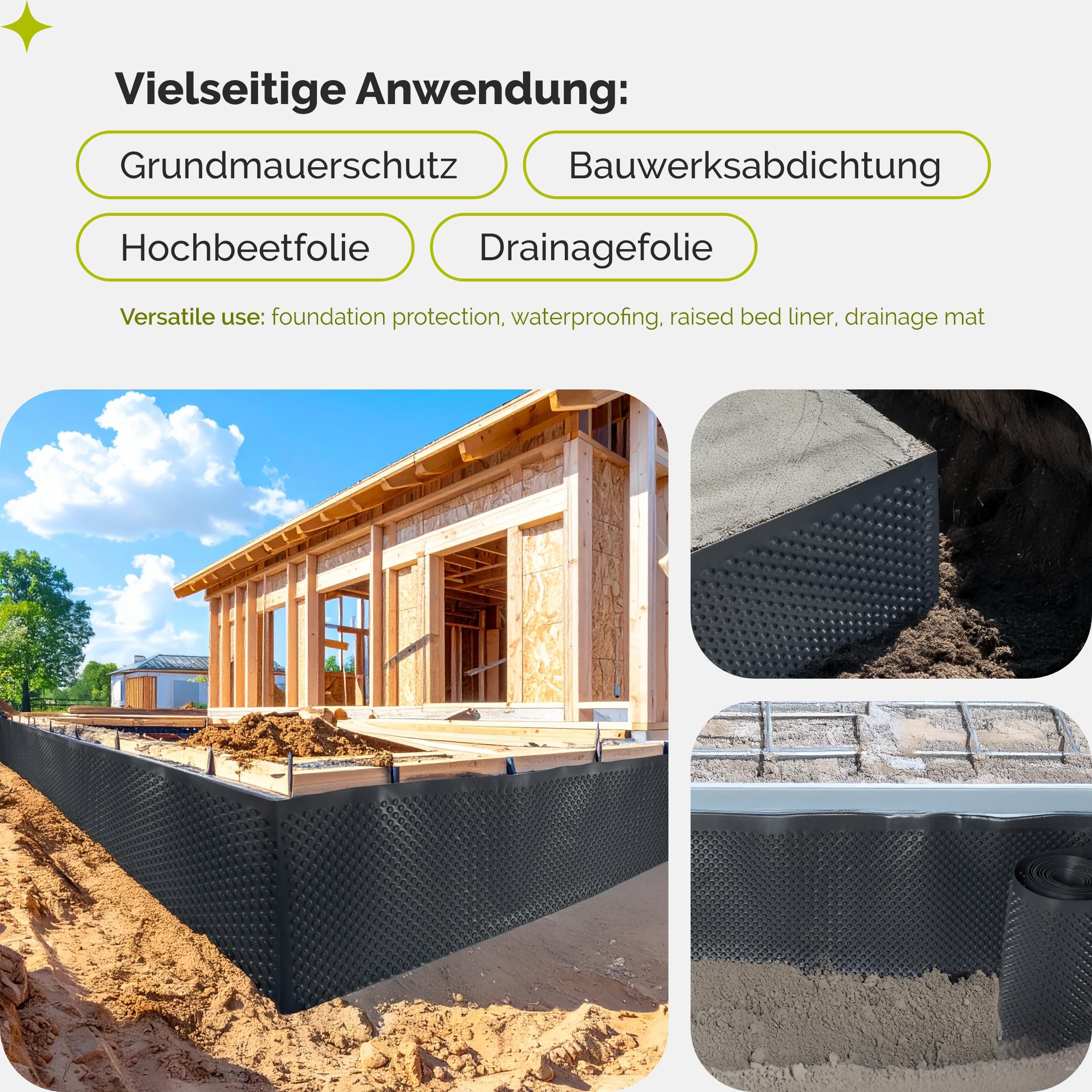 Garronda Noppenfolie 0,5 m x 5 m aus HDPE 400 g/m² mit hoher Druckfestigkeit - Mauerschutz und Bauwerksabdichtung - Drainagebahn für Keller, Grundmauern, Hochbeet - Feuchtigkeitssperre GD-0160