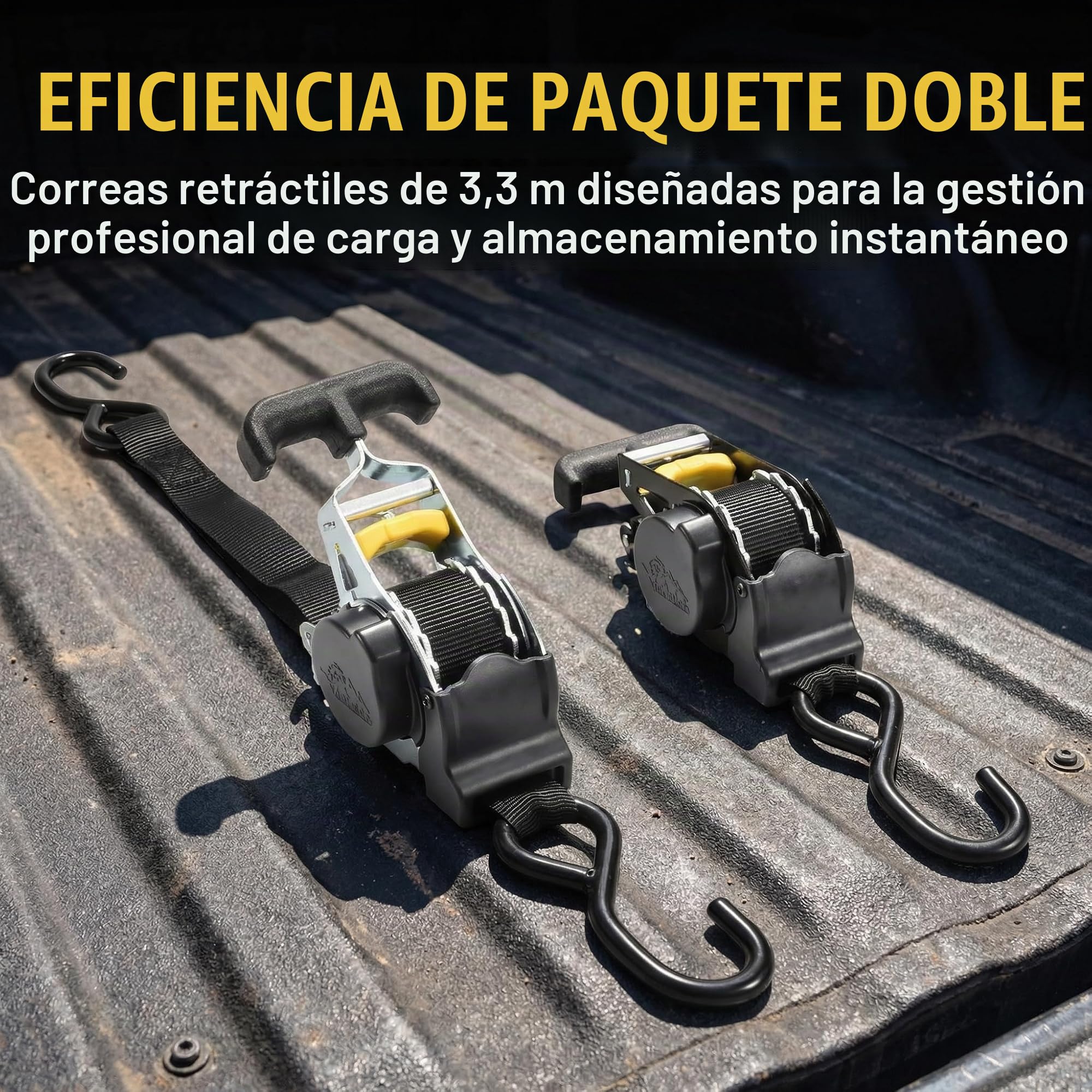 Cinchos Retráctiles con Trinquete 2 Unidades, 3,3 m, Cinchas | Carga de Rotura 680 kg, de Amarre para Coche Moto Furgoneta Equipaje, 2 Estilos Diferentes