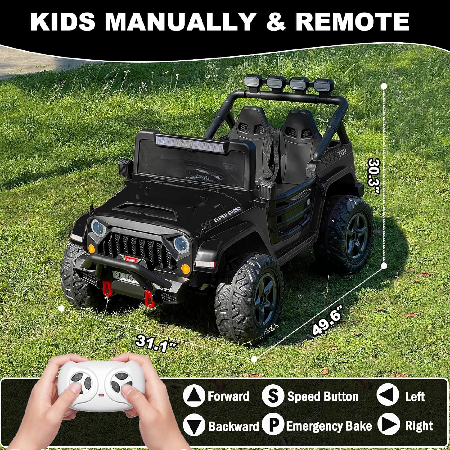 NEWQIDA 24V 2 Seater Ride on Car w/Remote Control 4wd Kids Electric Vehicles Ride on Toys Car, EVA Tires Wheels, 20" Spacious Seat, LED Lights, Music, Spring Suspension, 4x200W Motors, Black