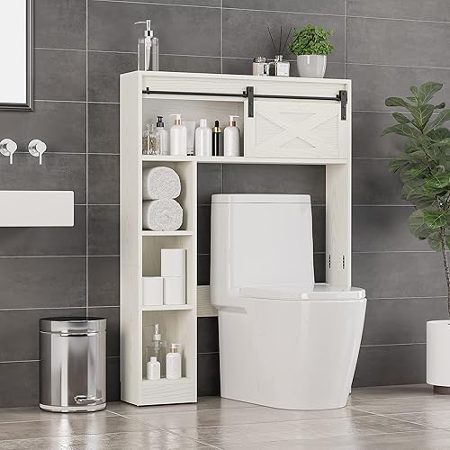 Farmhouse Over The Toilet - Almacenamiento con puerta corrediza de granero organizador de baño independiente sobre el armario de almacenamiento del