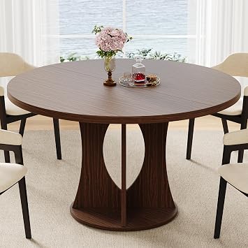 iPormis 47 Inch Round Dining Table for 4-6 People, Wooden Dining Room Table with Pedestal Base, Modern Kitchen Table for Apartments, Dining Room, Kitchen or Living Room, Dark Walnut, Table Only