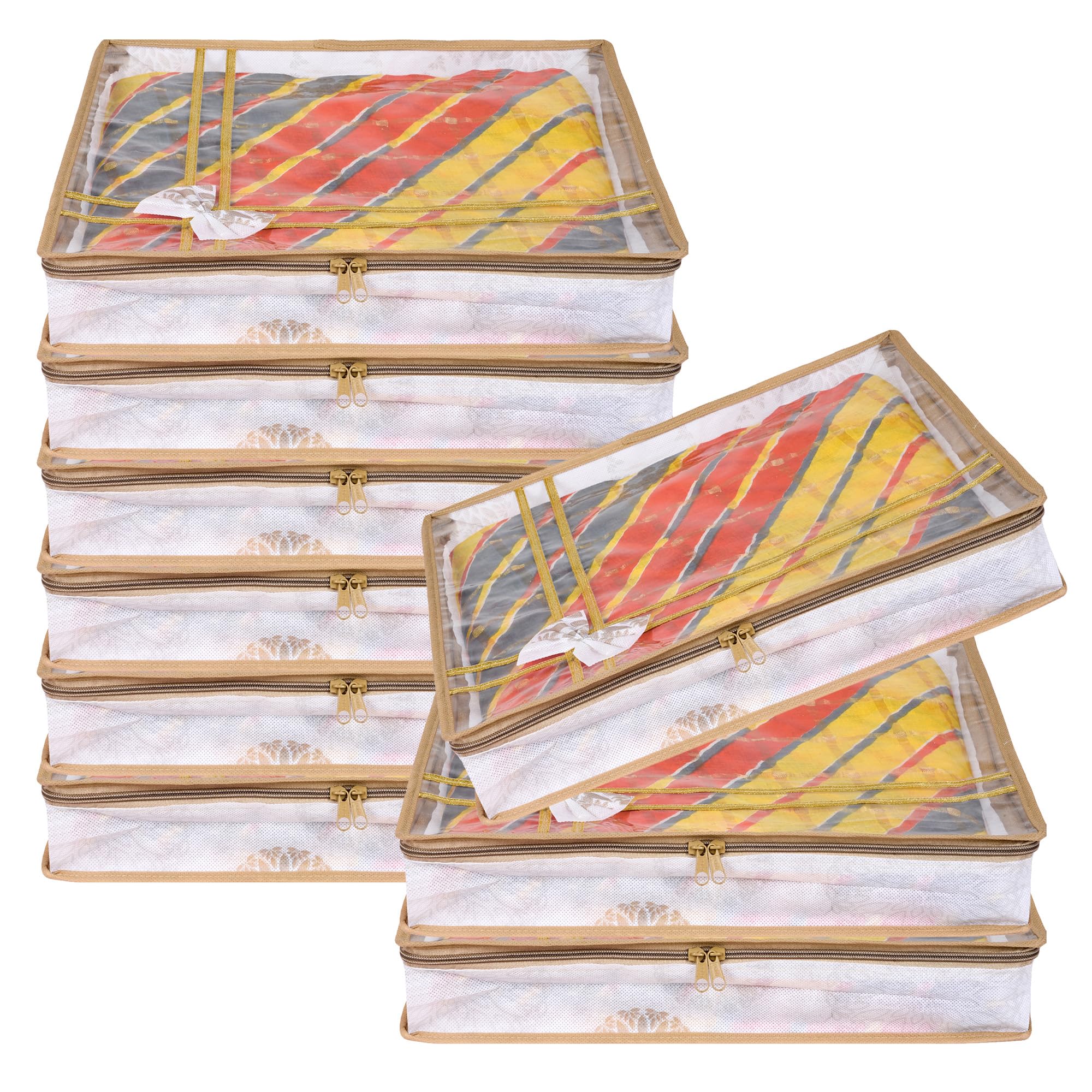 Kuber Industries White Pack Of 9 Saree Storage Bag | 3 Inch | Lightweight-Portable Garments Bag | Non Woven Wardrobe Bag Set | Top Visible Window Clothes Bags | Bow-Gola Print |