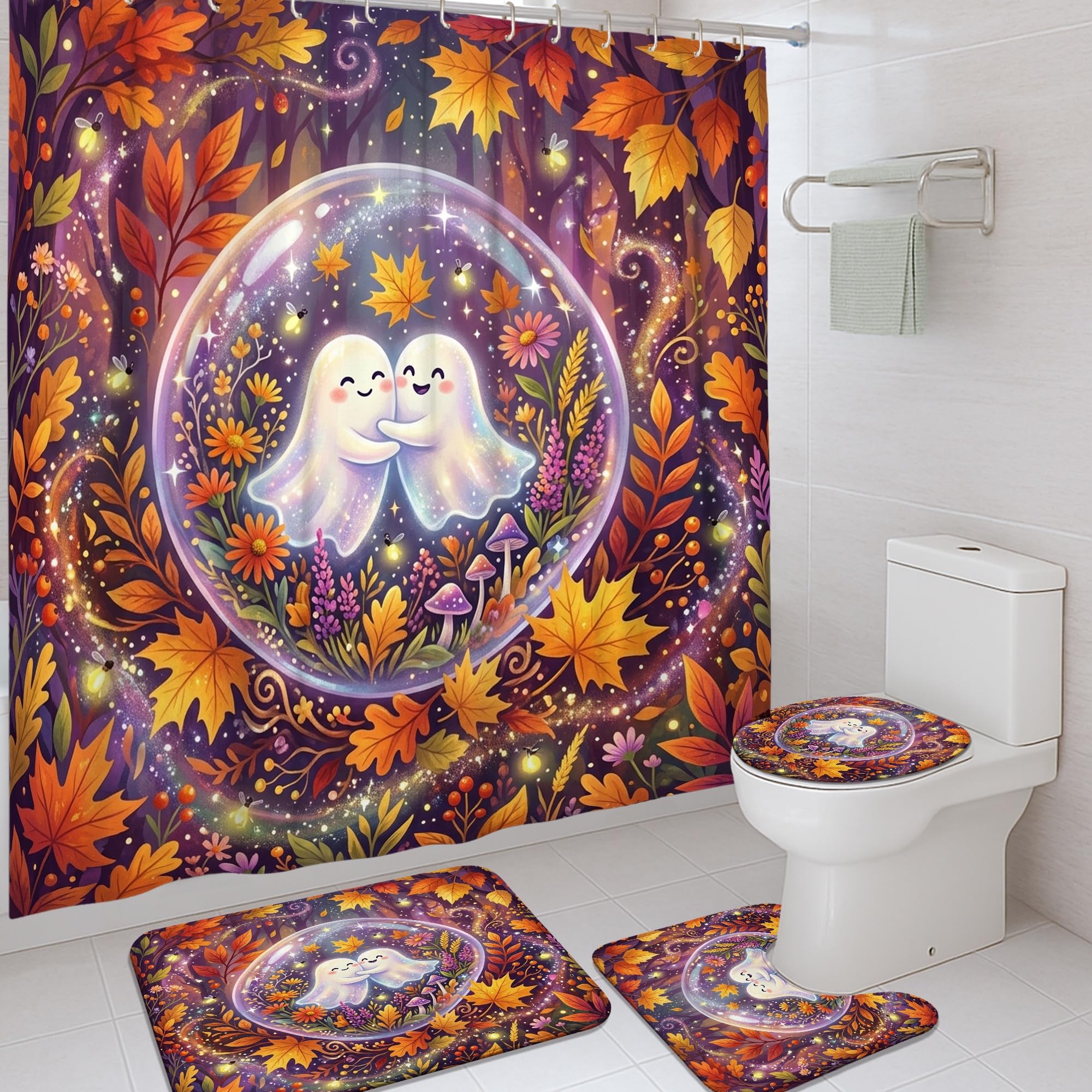 Rideau de douche fantômes Halloween lavable 183x183cm avec crochets pour salle de bain et baignoire