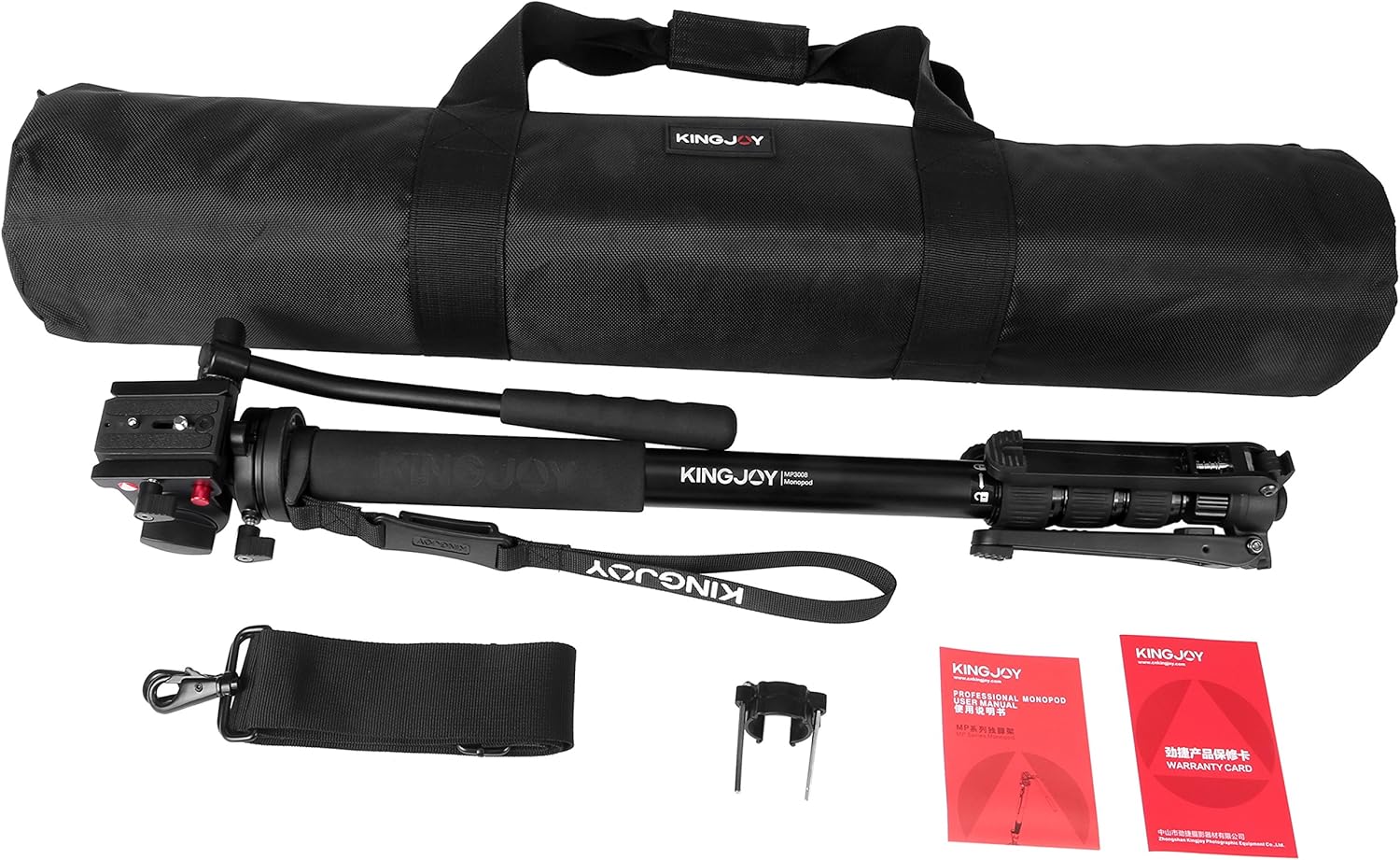 All components of the KINGJOY MP Series Monopod Tripod laid out, including the monopod, fluid head, wrench, manual, and carrying bag.