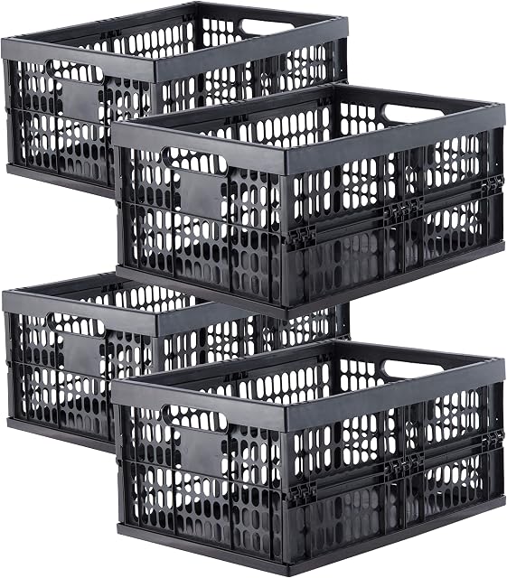 Grizzly 4 x Collapsible Crates - Foldable Storage Boxes - 32 L - Black