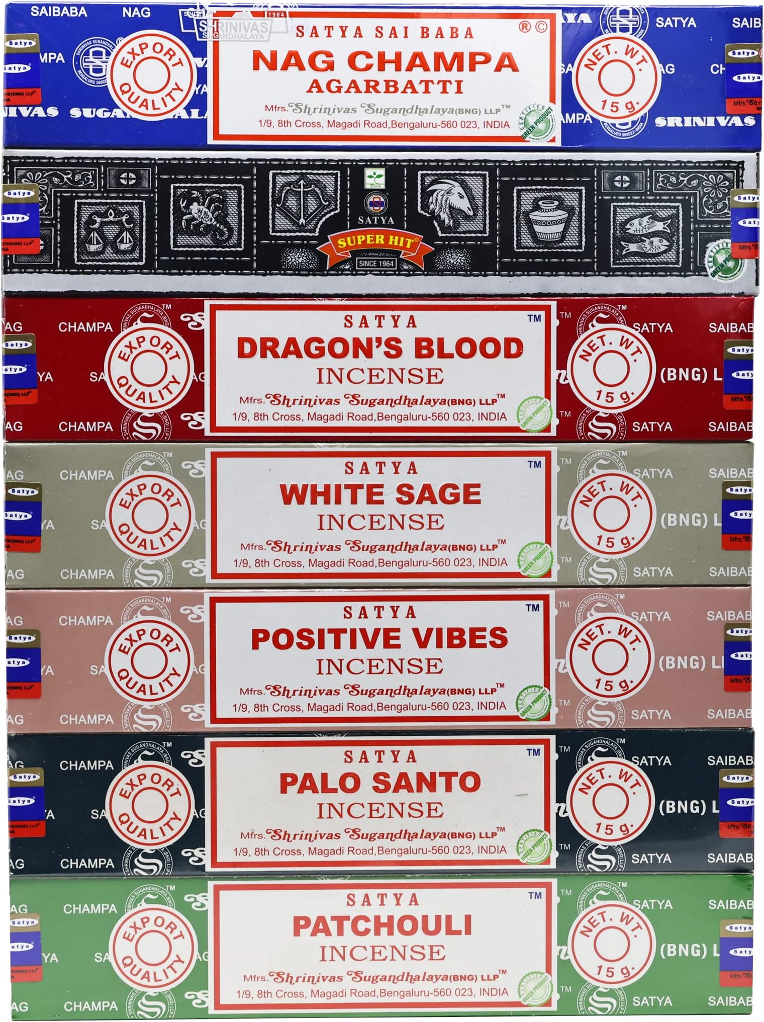 EARTHSatya Incense Sticks Set of 7 - Nag Champa, Super Hit, Dragon's Blood, White Sage, Positive Vibes, Palo Santo, Patchouli 15 GMS (Green Certified)- Hand Rolled Incense Sticks